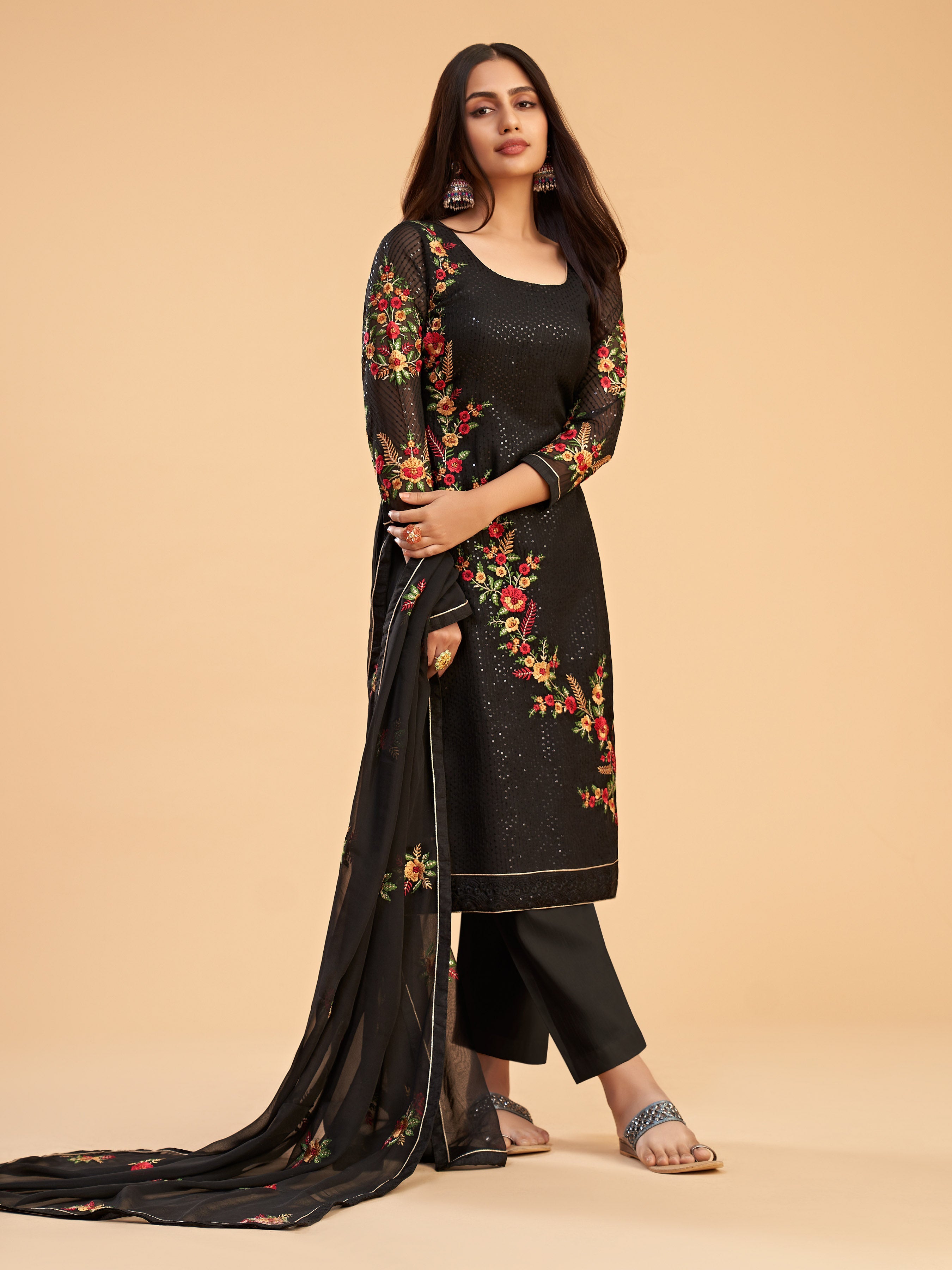 Black Georgette Kurta Set With Sequins, Multi Thread And Zari Embroidered Work
