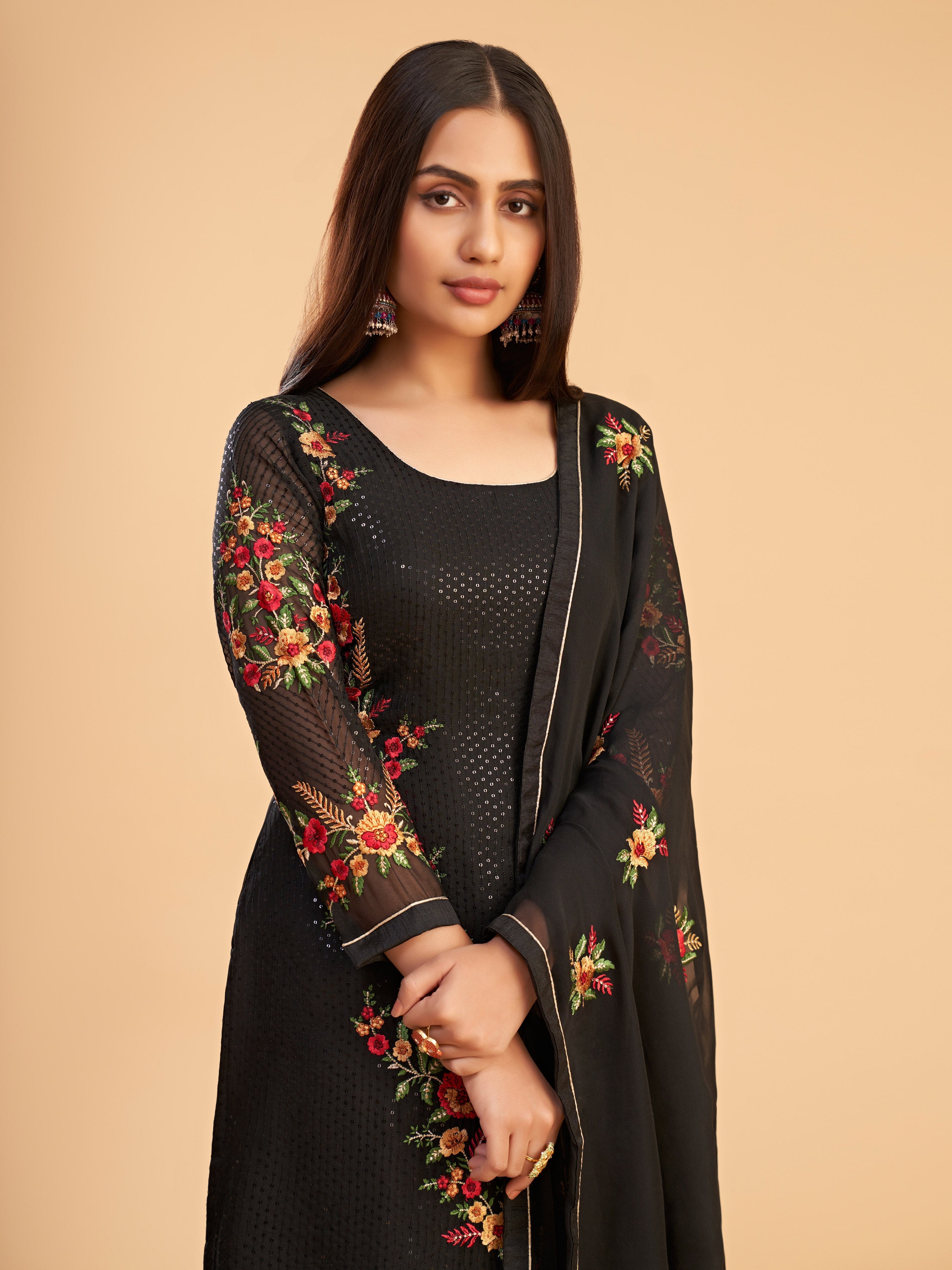 Black Georgette Kurta Set With Sequins, Multi Thread And Zari Embroidered Work