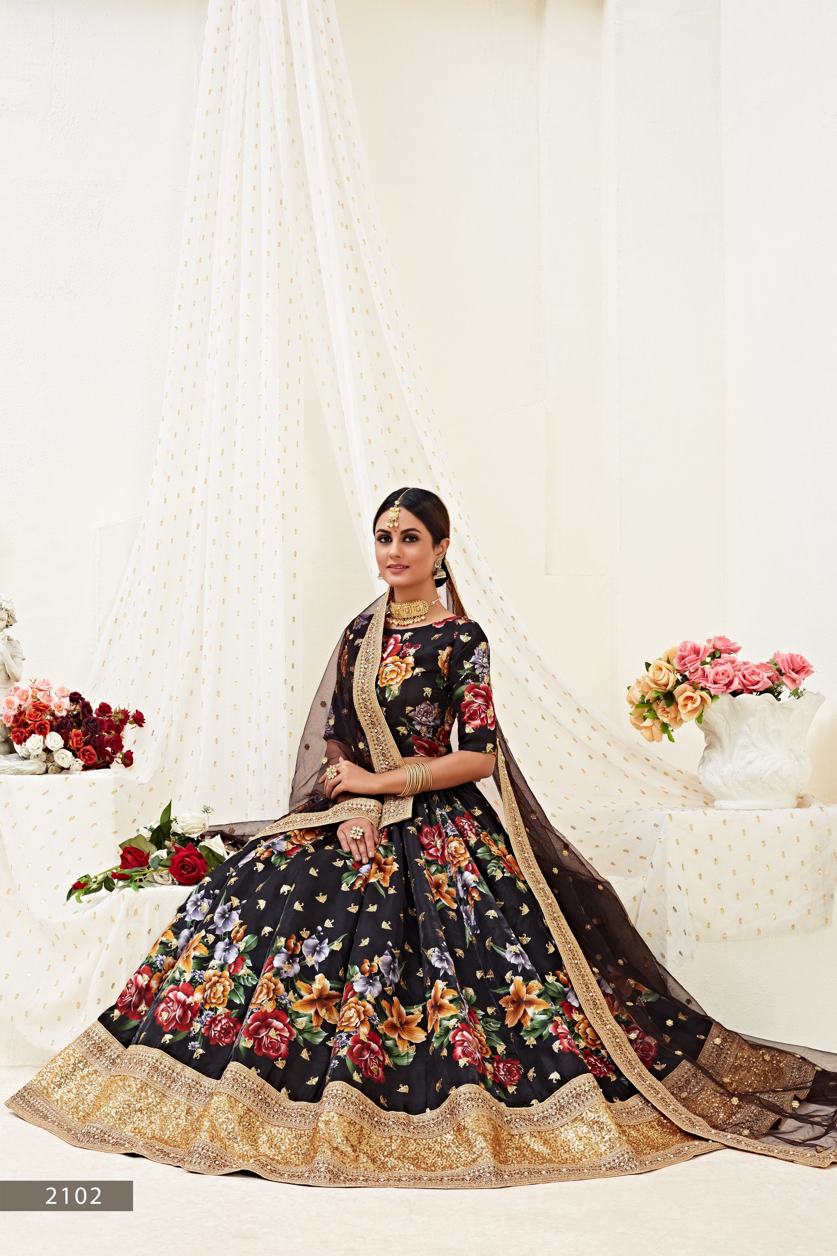 Black Floral Bunch Embroidered Lehenga