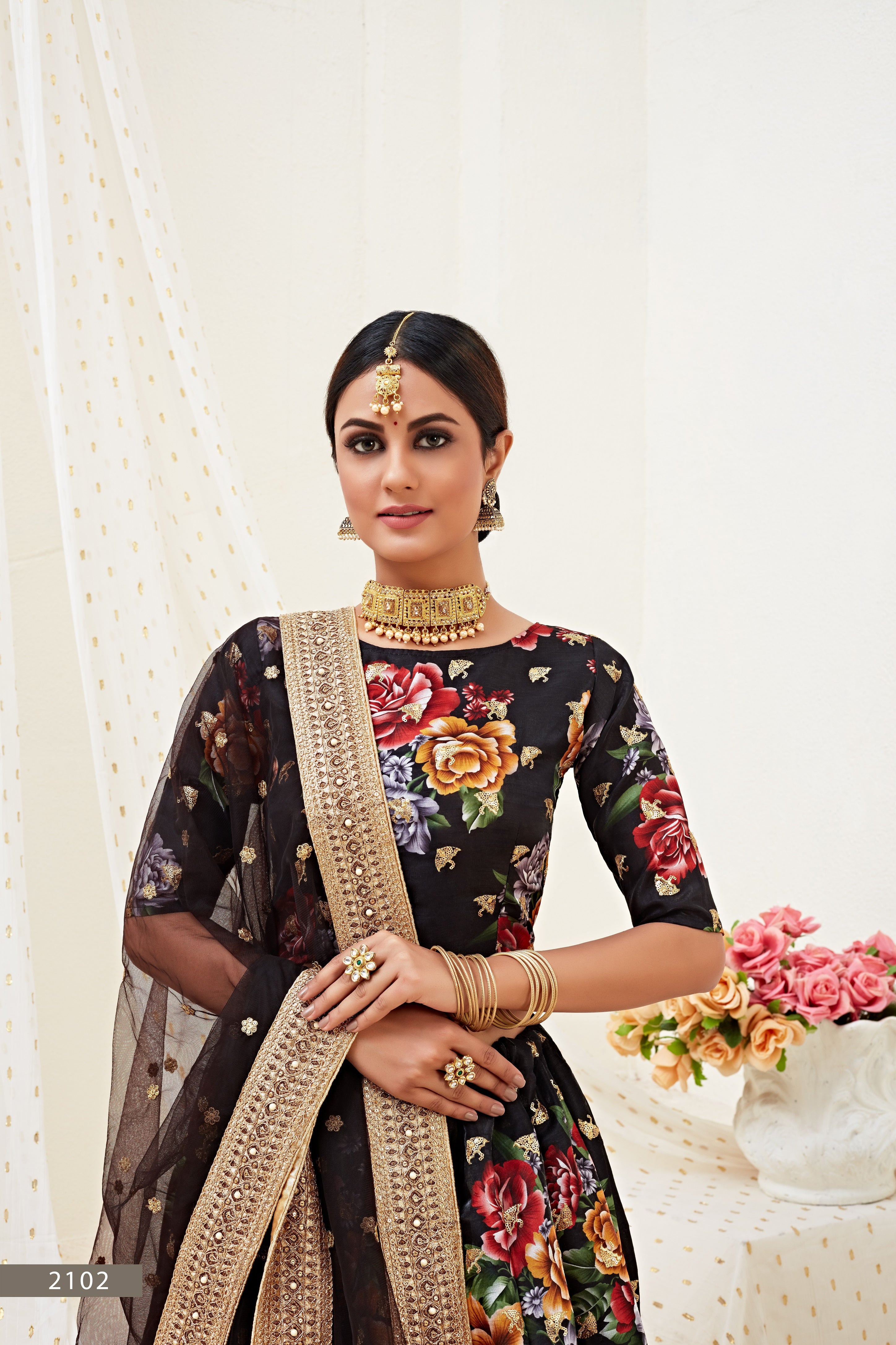 Black Floral Bunch Embroidered Lehenga