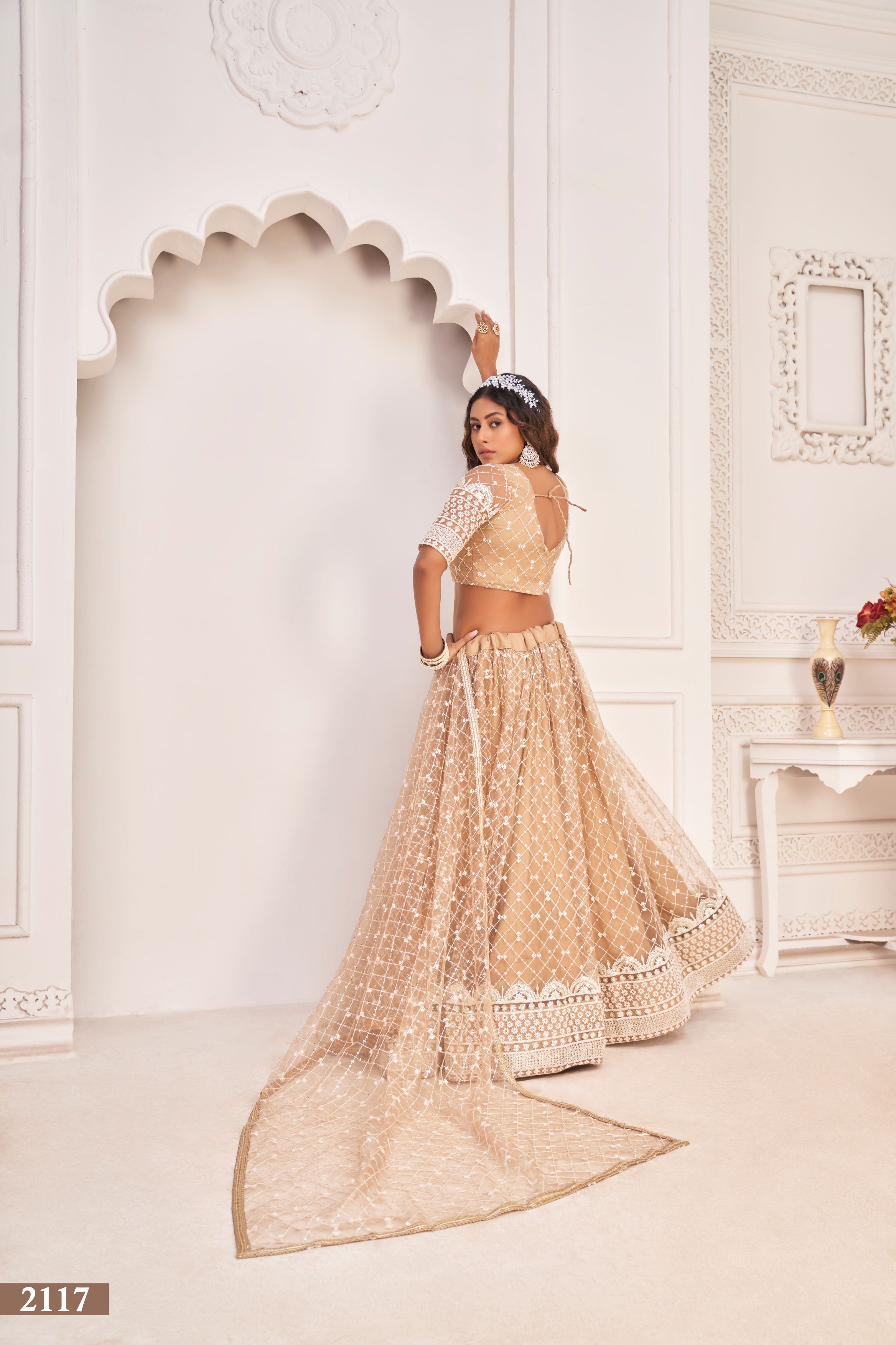 Beige Party Wear Embroidered Lehenga