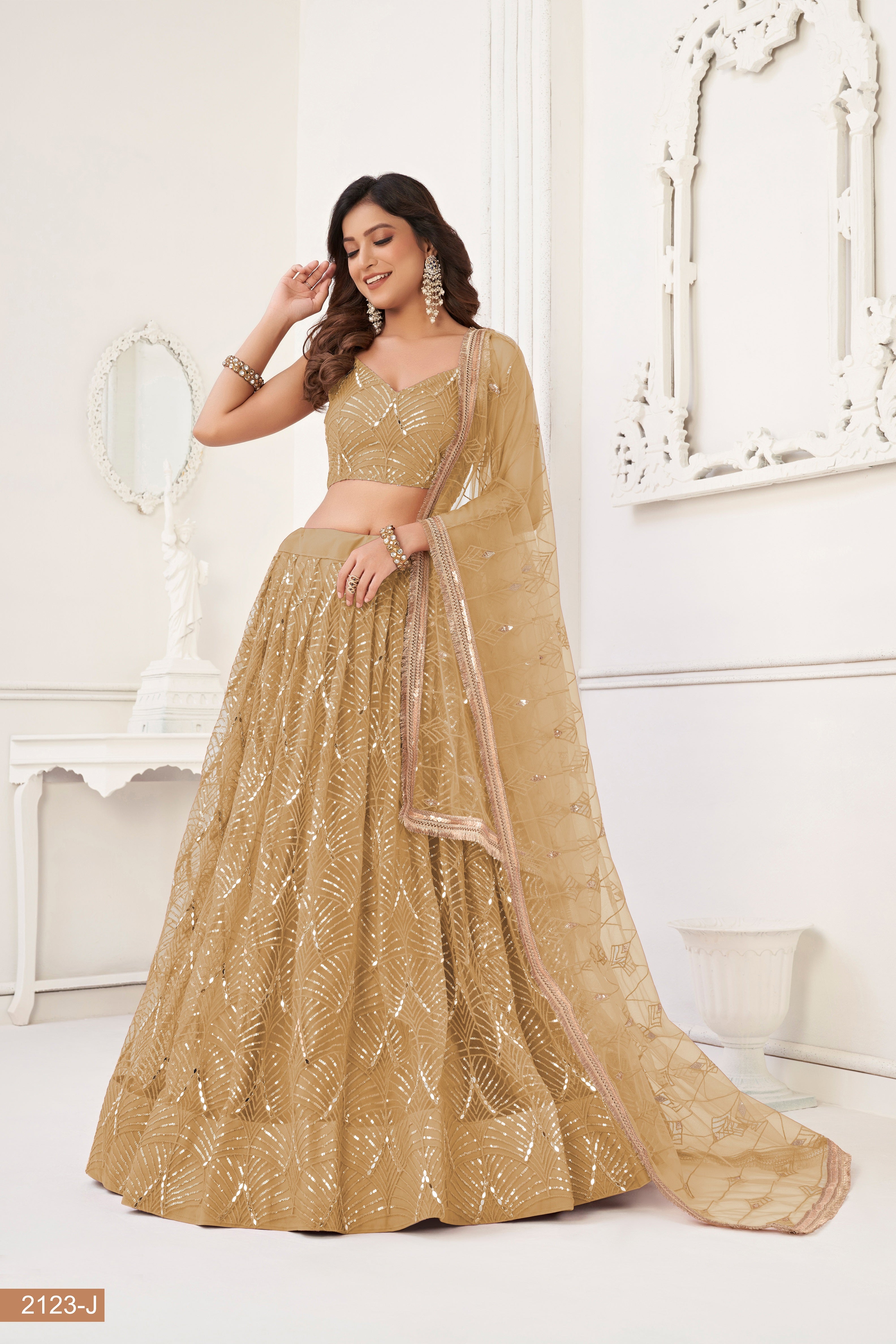 Beige Net With sequin work Lehenga
