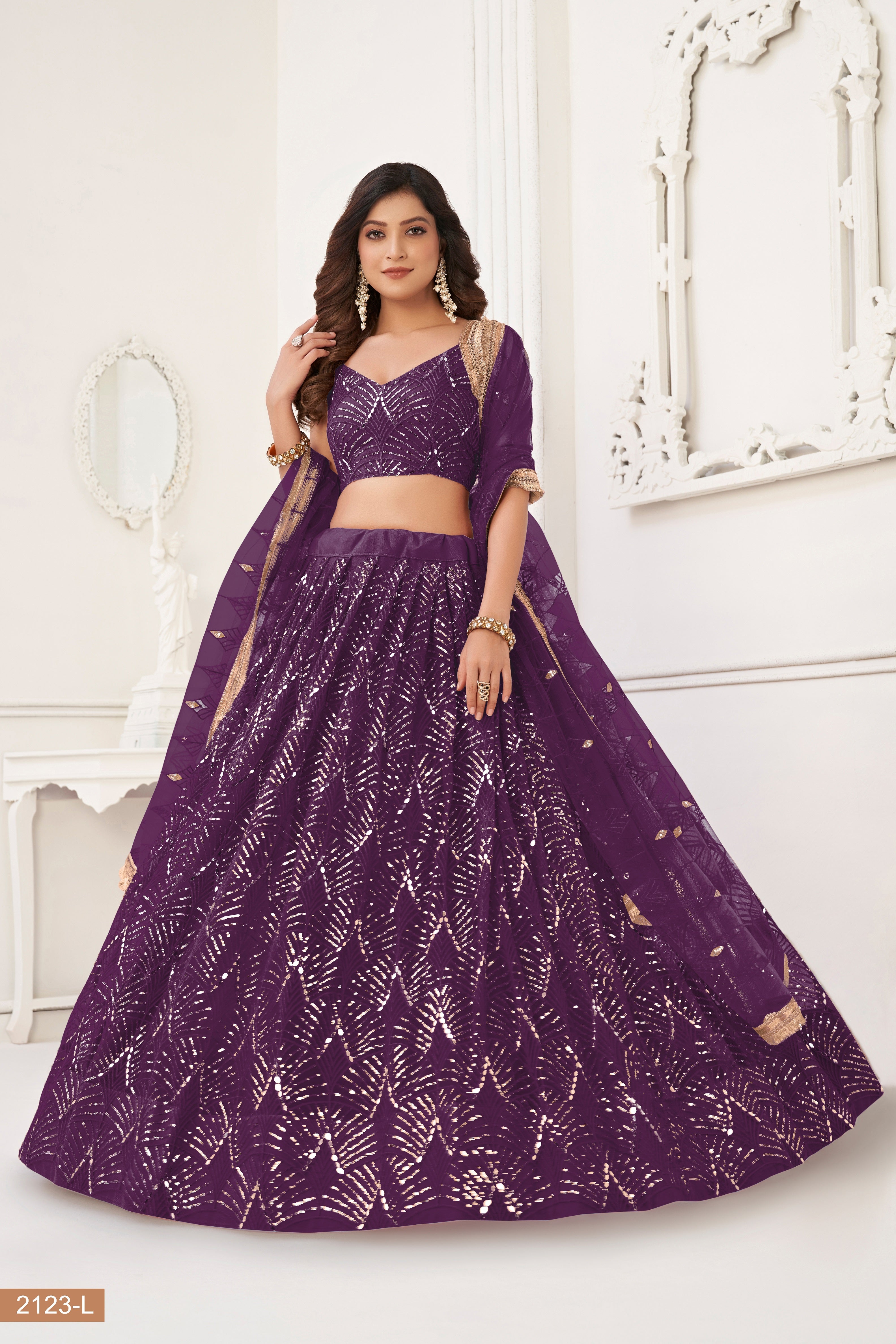 Wine Net With sequin work Lehenga