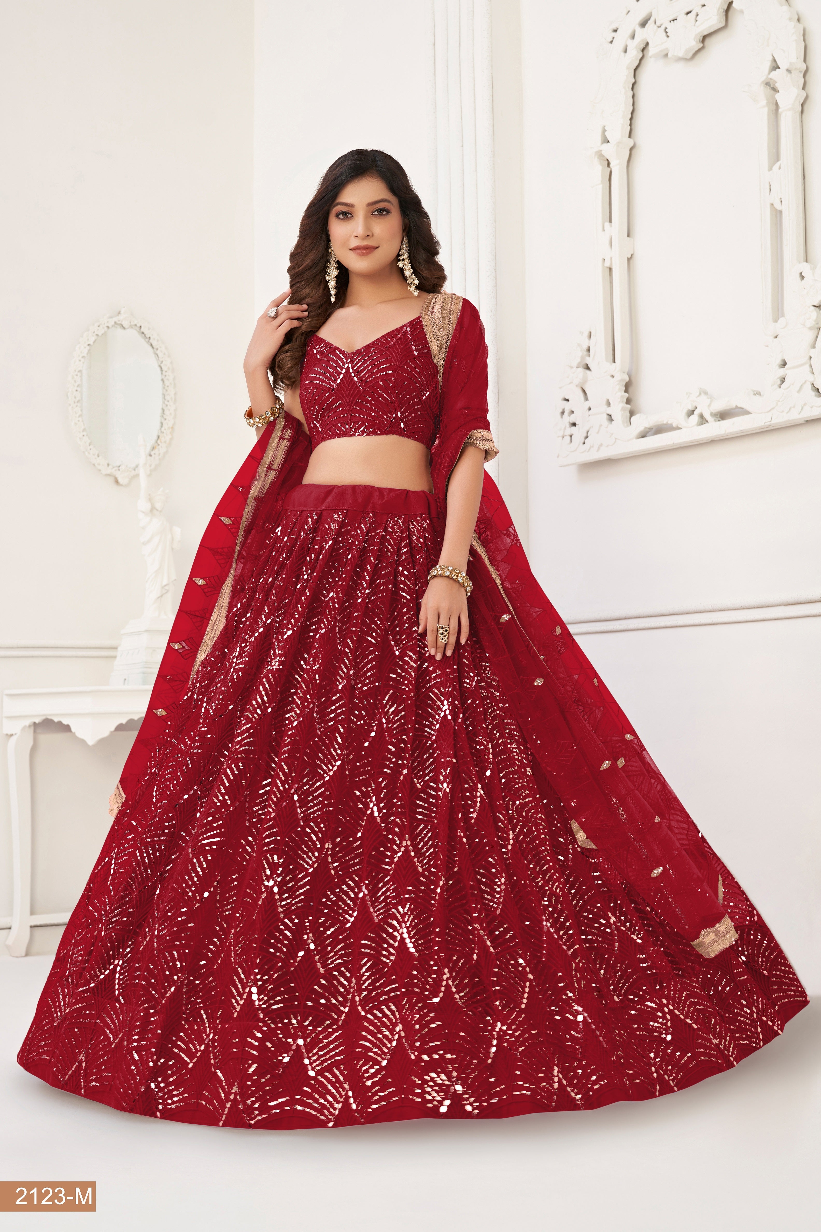 Maroon Net With sequin work Lehenga