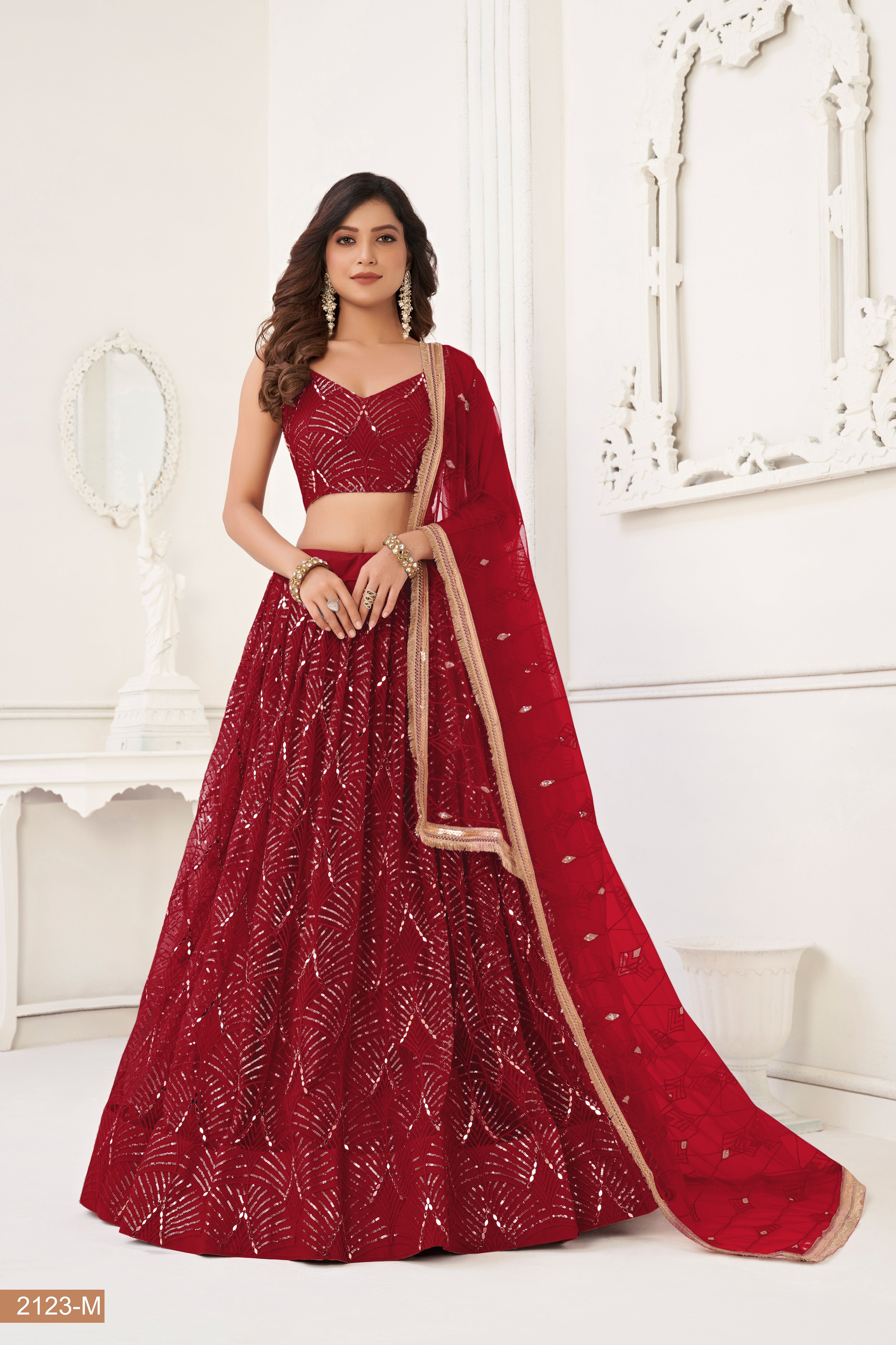 Maroon Net With sequin work Lehenga