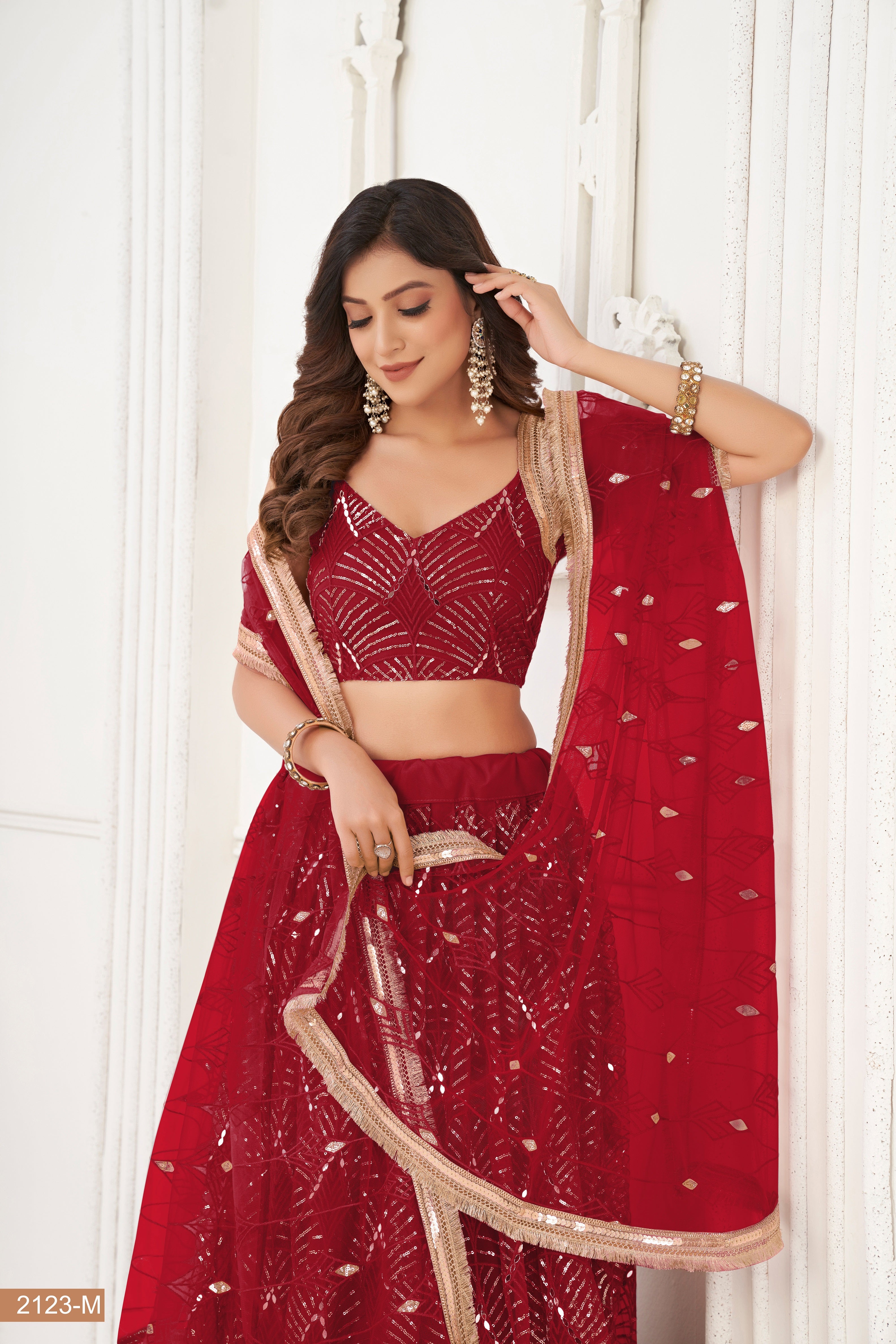 Maroon Net With sequin work Lehenga