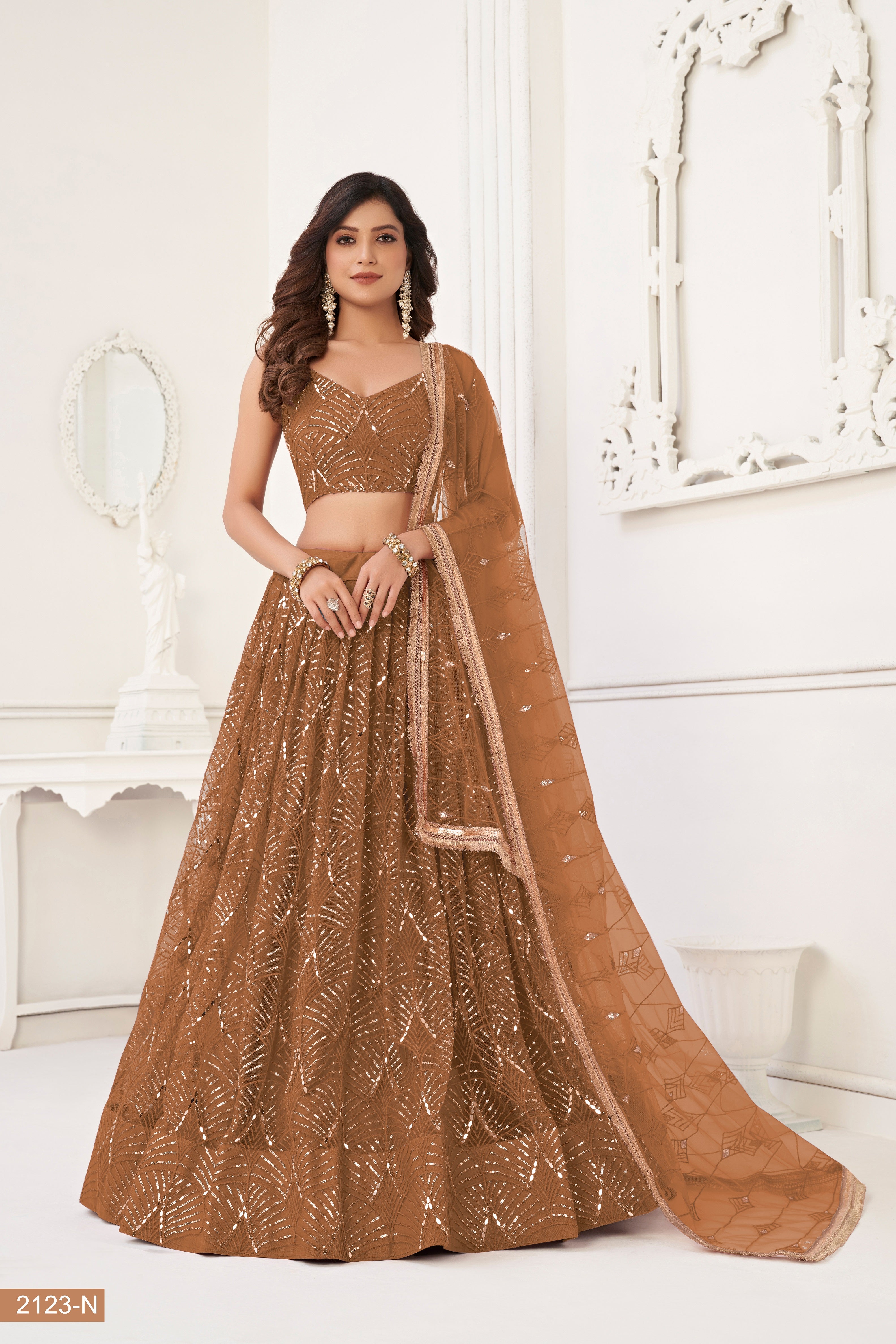 Brown Net With sequin work Lehenga