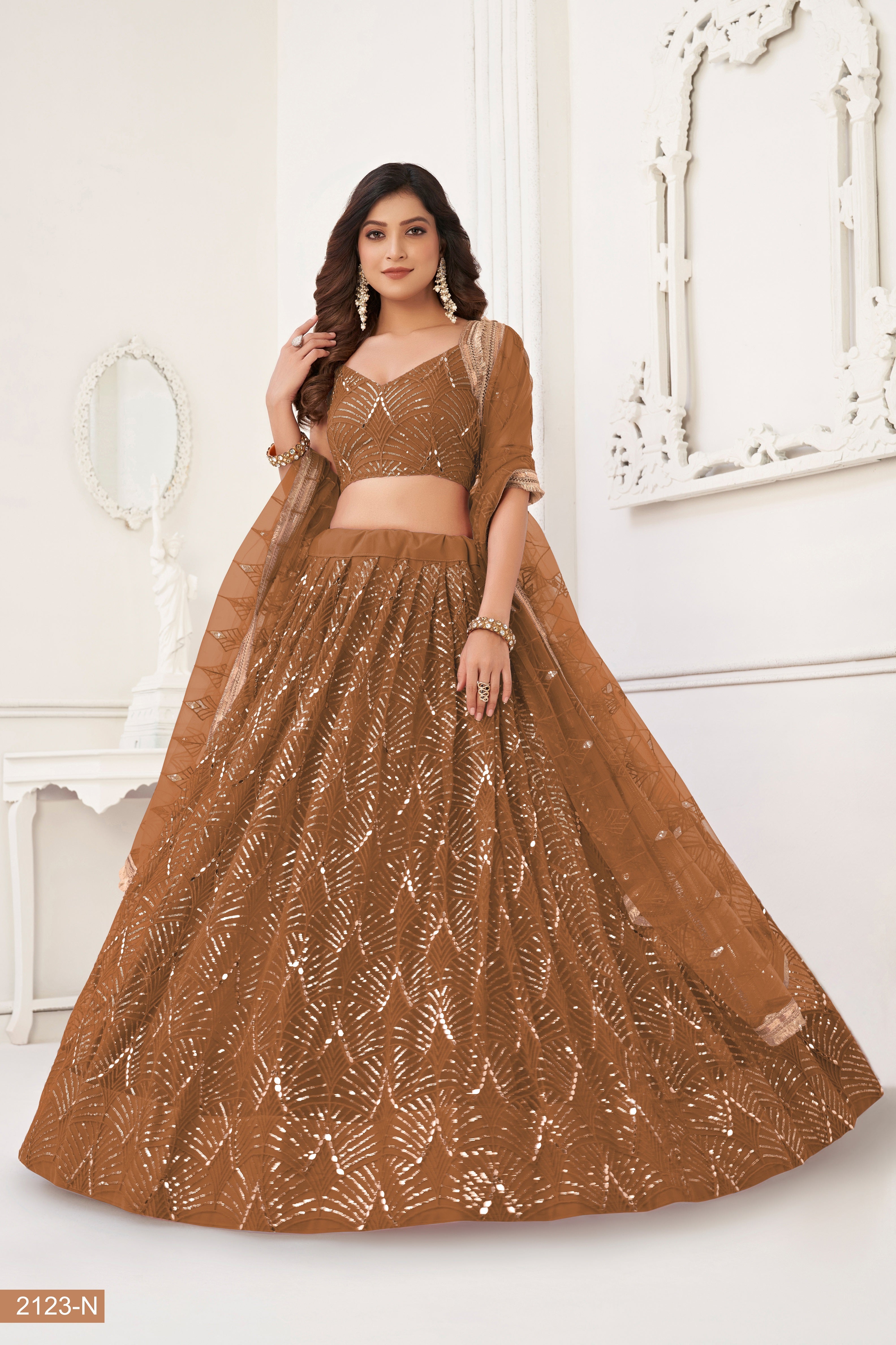 Brown Net With sequin work Lehenga