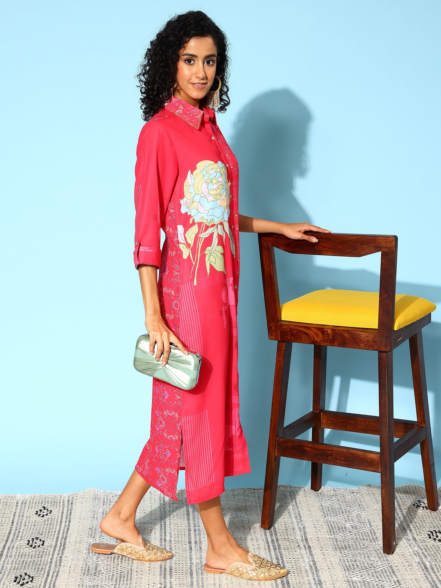 Women Floral Print Shirt Midi Dress