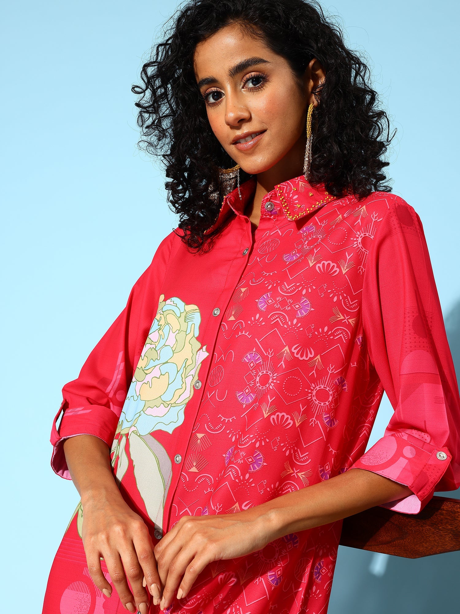 Women Floral Print Shirt Midi Dress