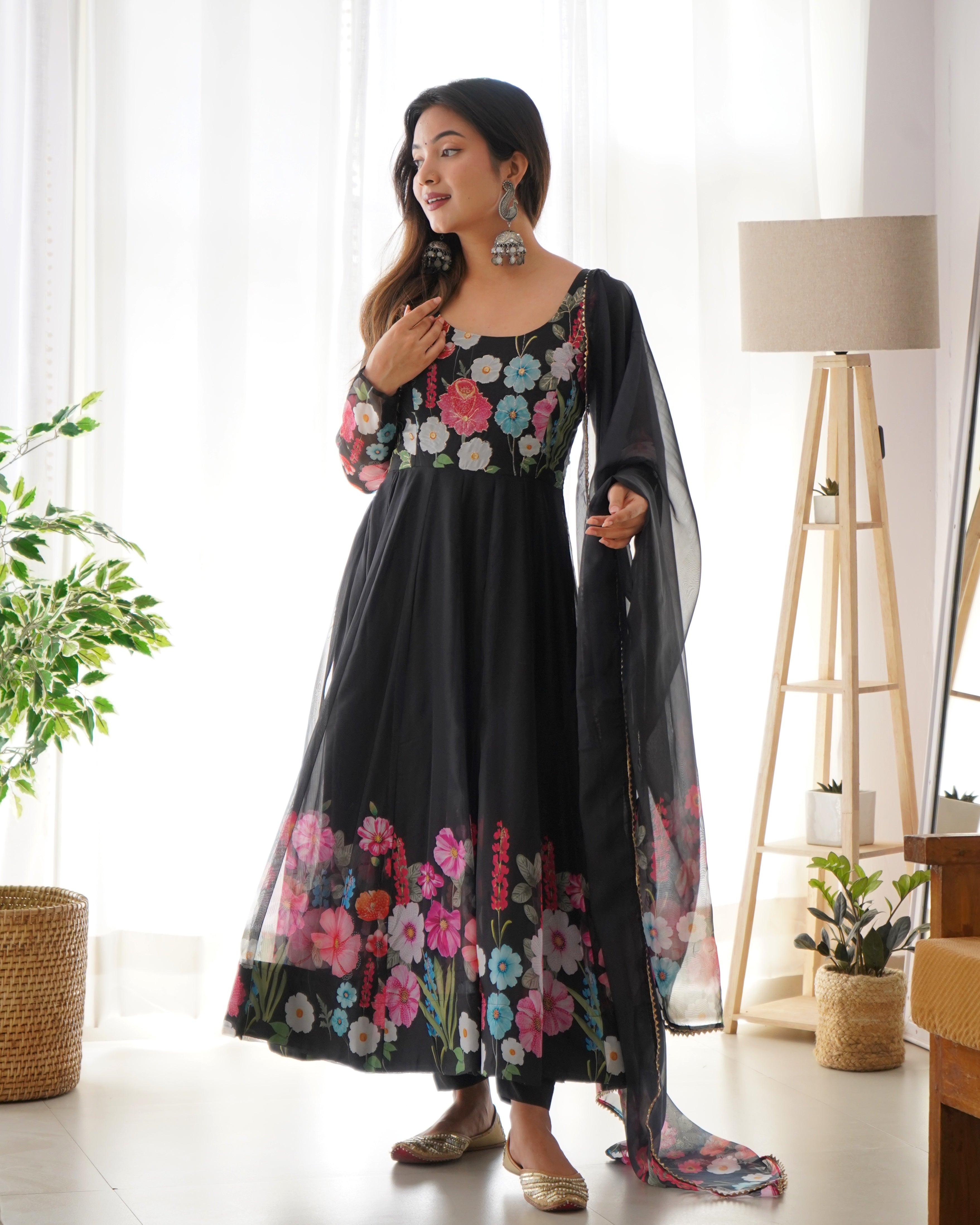 Black Pure Soft Organja Silk Kurta Set With Print