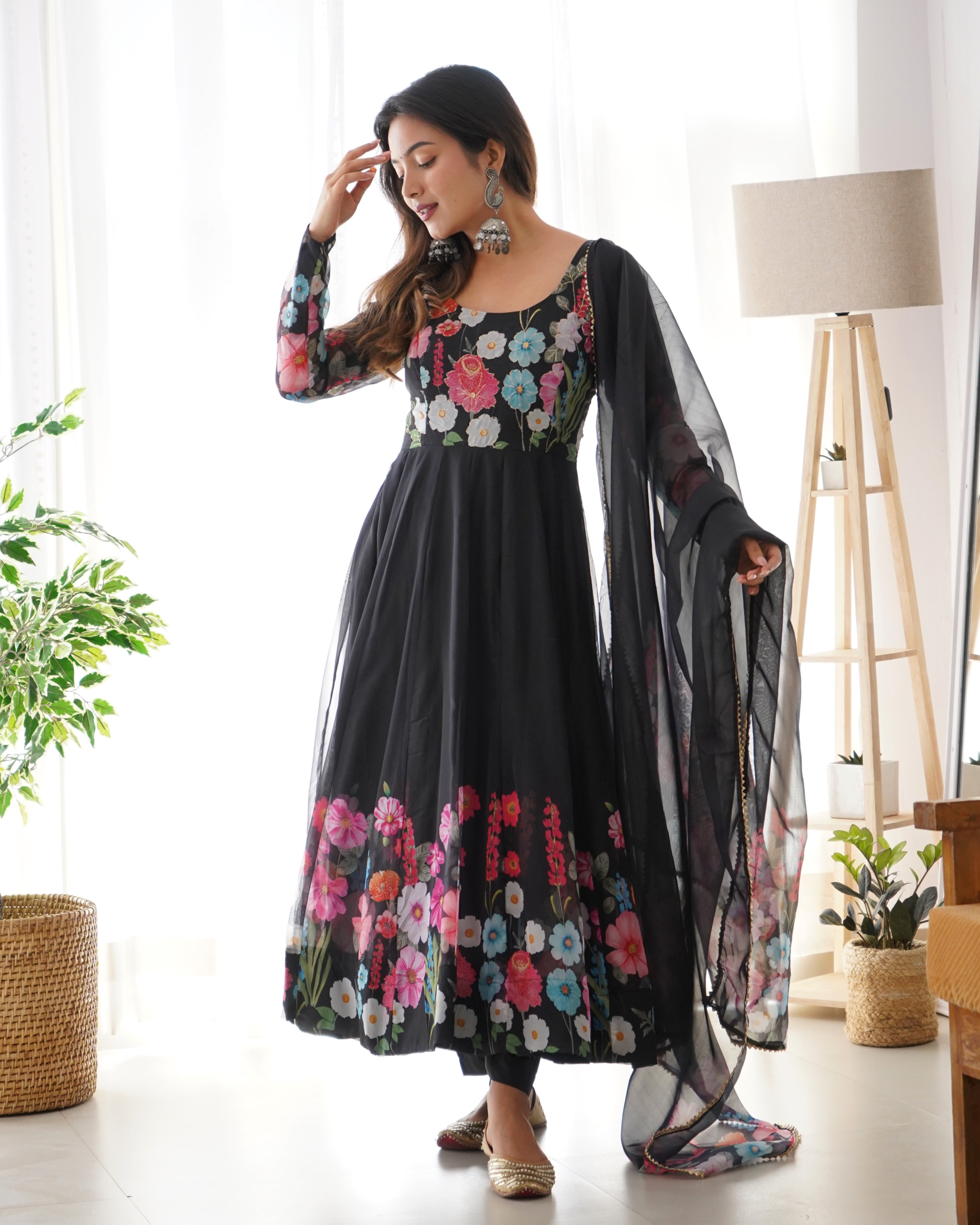 Black Pure Soft Organja Silk Kurta Set With Print