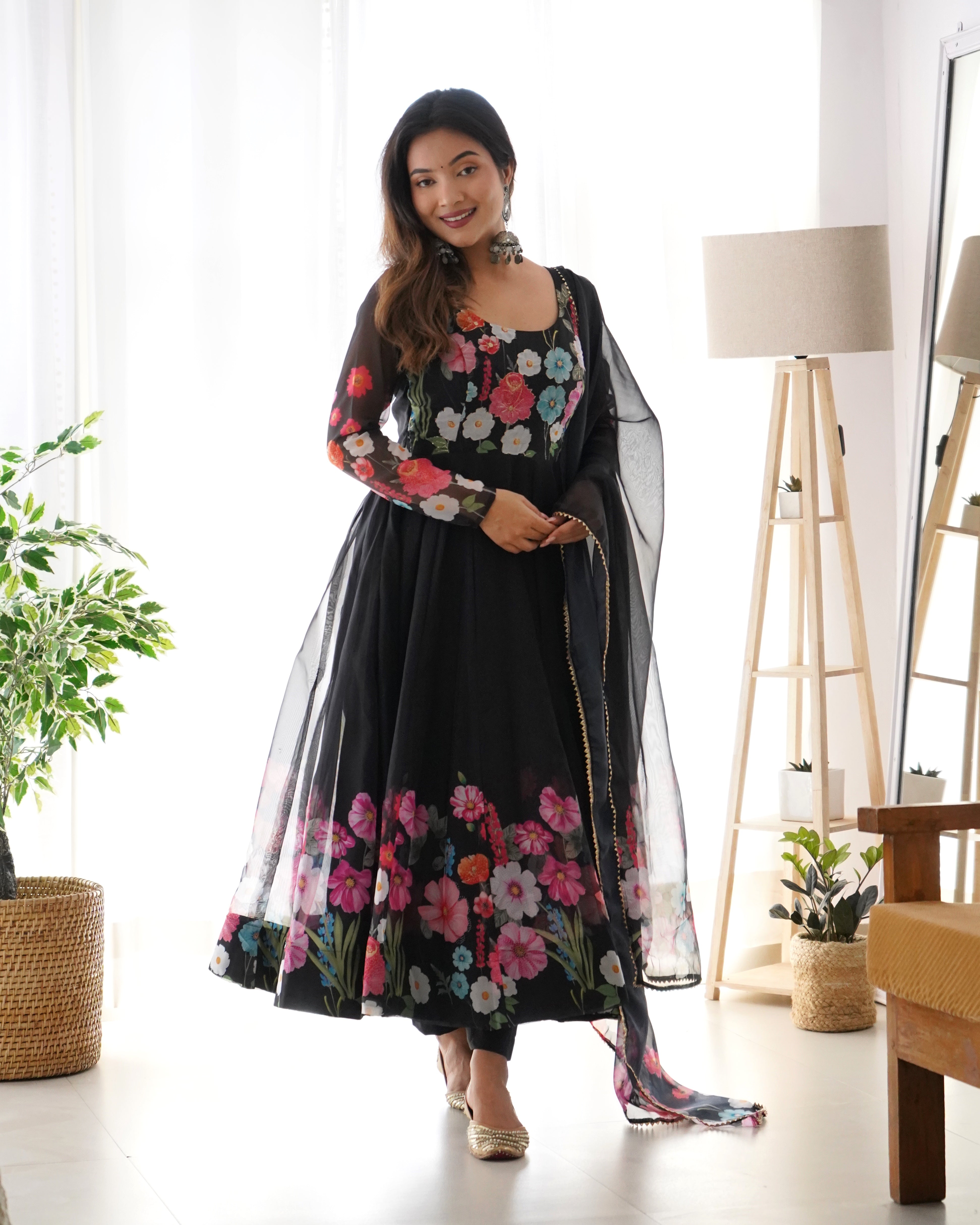 Black Pure Soft Organja Silk Kurta Set With Print
