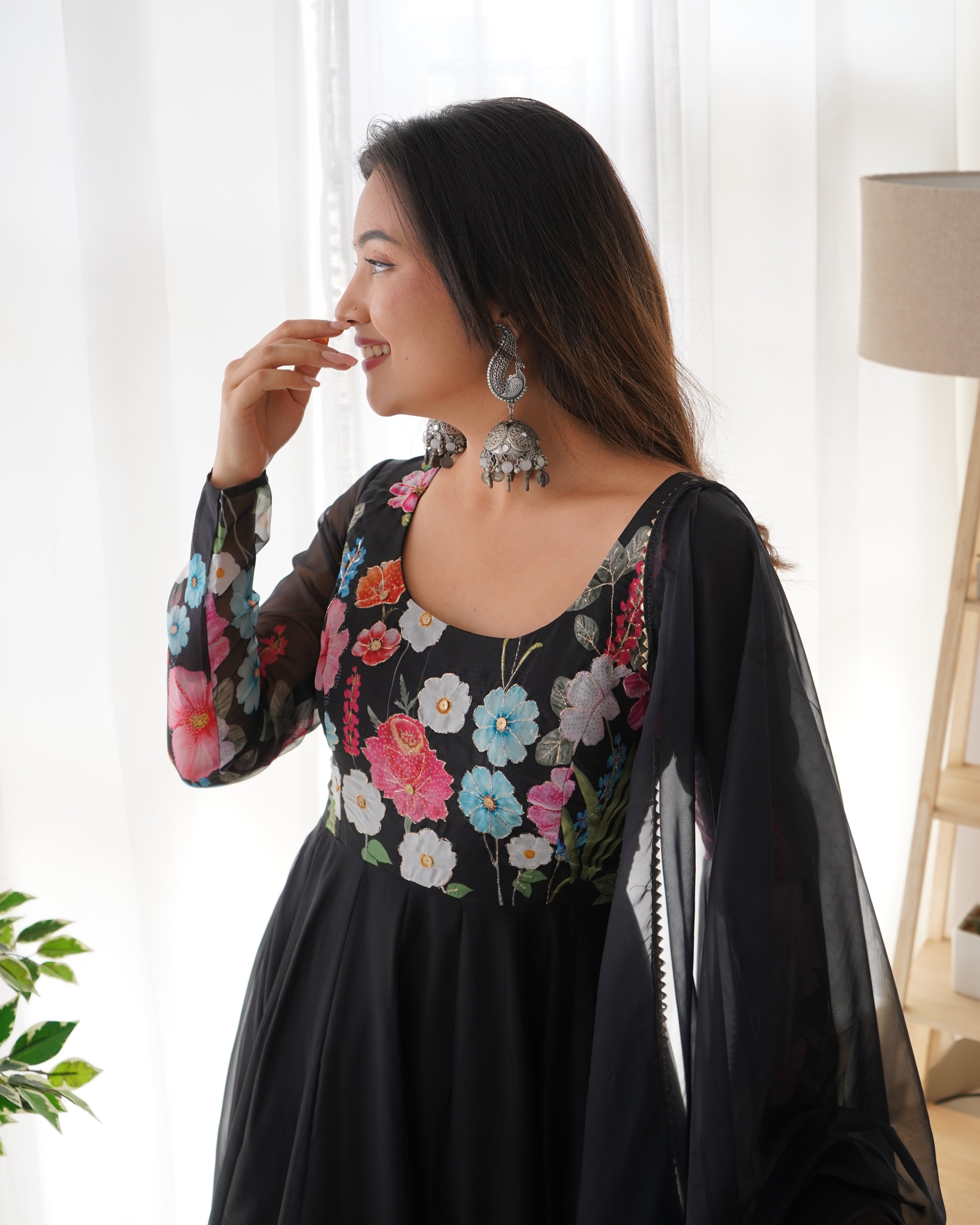 Black Pure Soft Organja Silk Kurta Set With Print