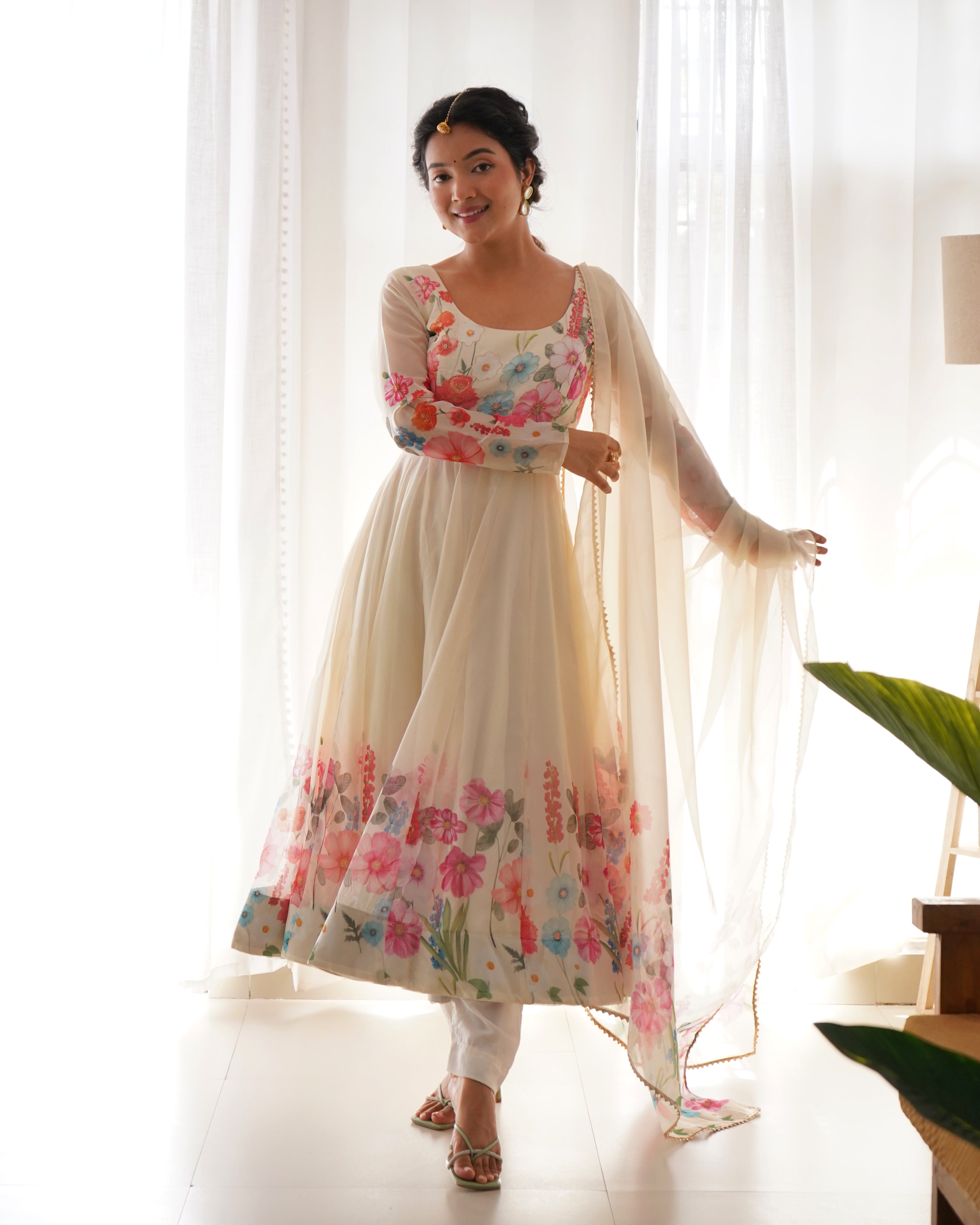 Cream Pure Soft Organja Silk Kurta Set With Print