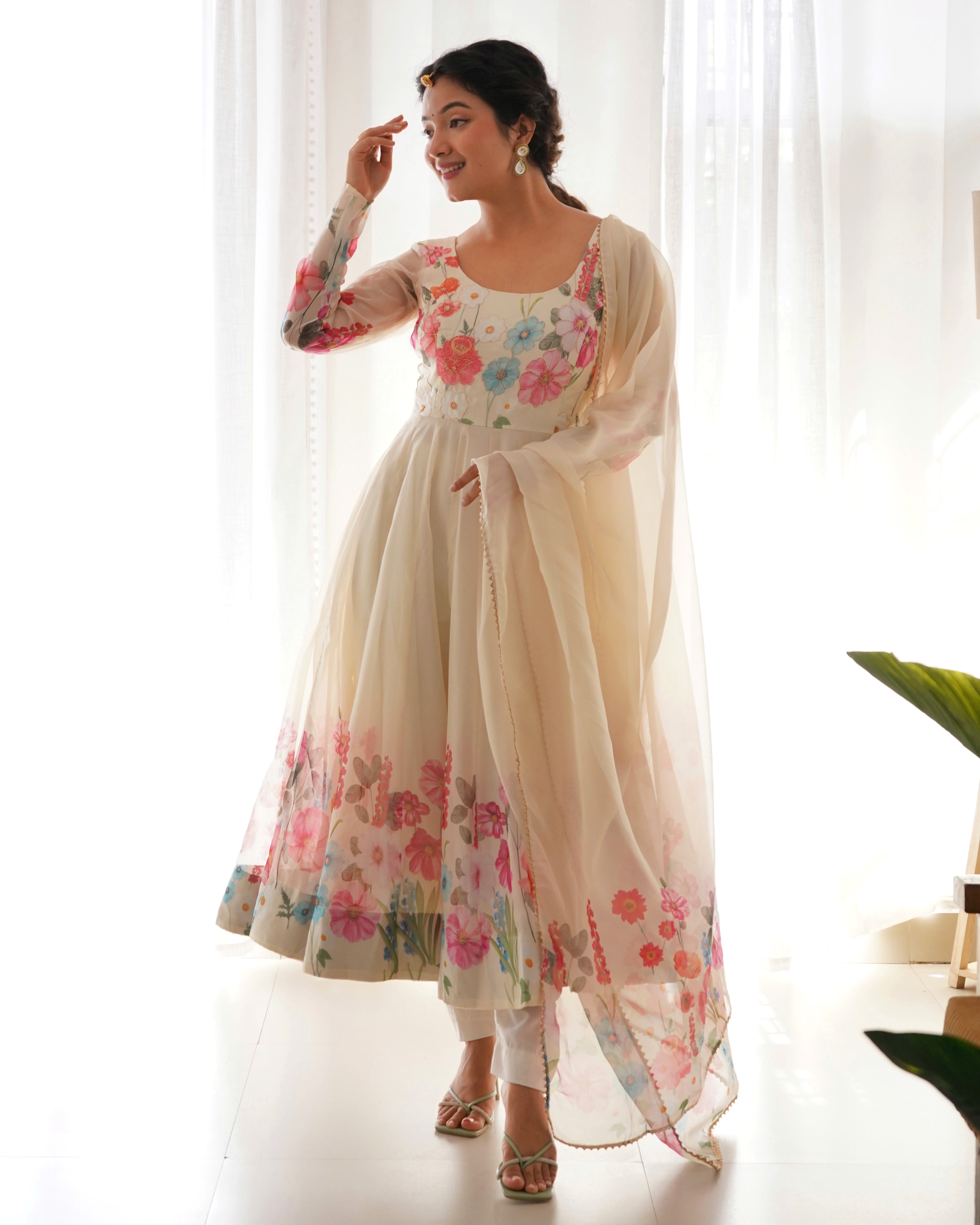Cream Pure Soft Organja Silk Kurta Set With Print