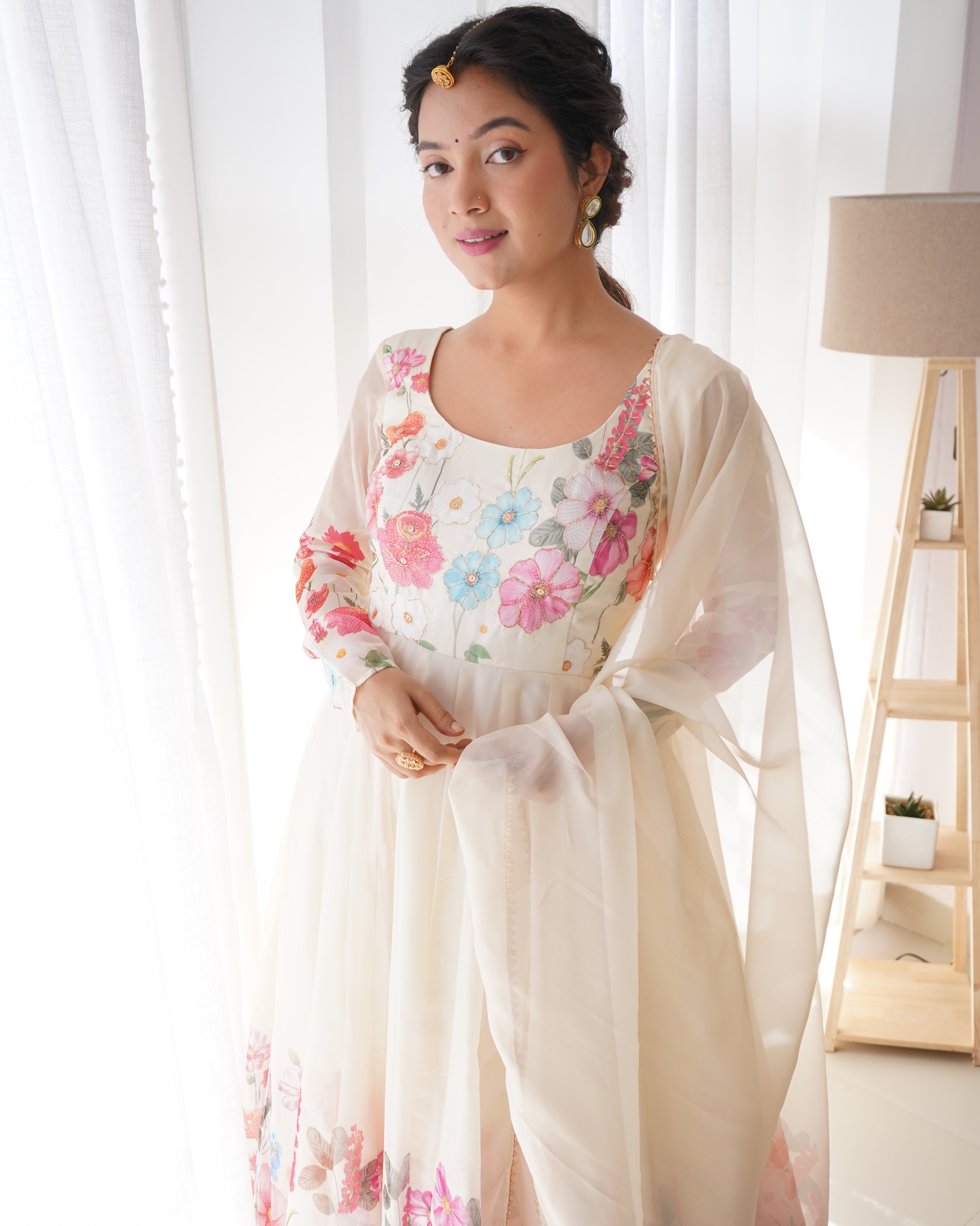 Cream Pure Soft Organja Silk Kurta Set With Print