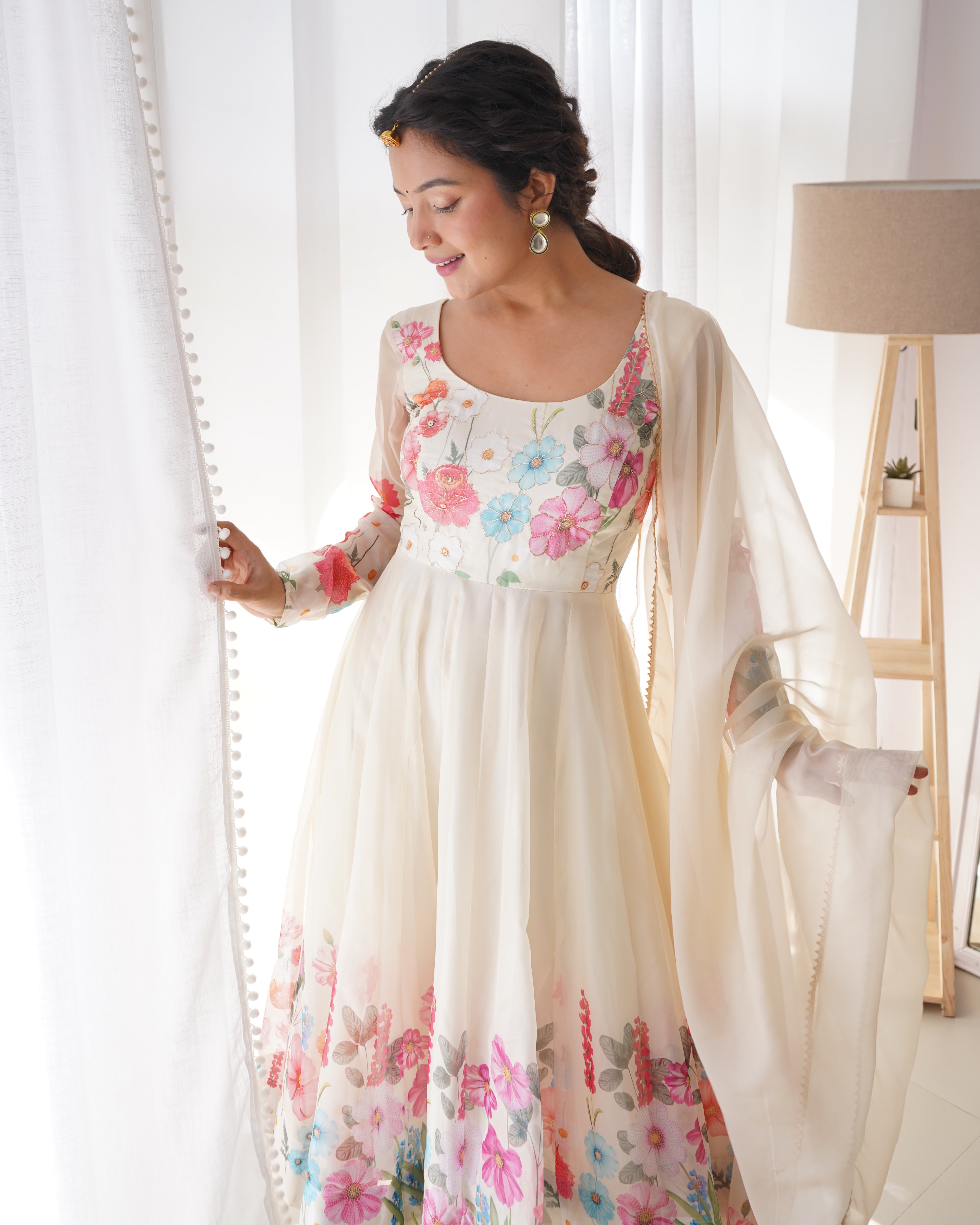 Cream Pure Soft Organja Silk Kurta Set With Print