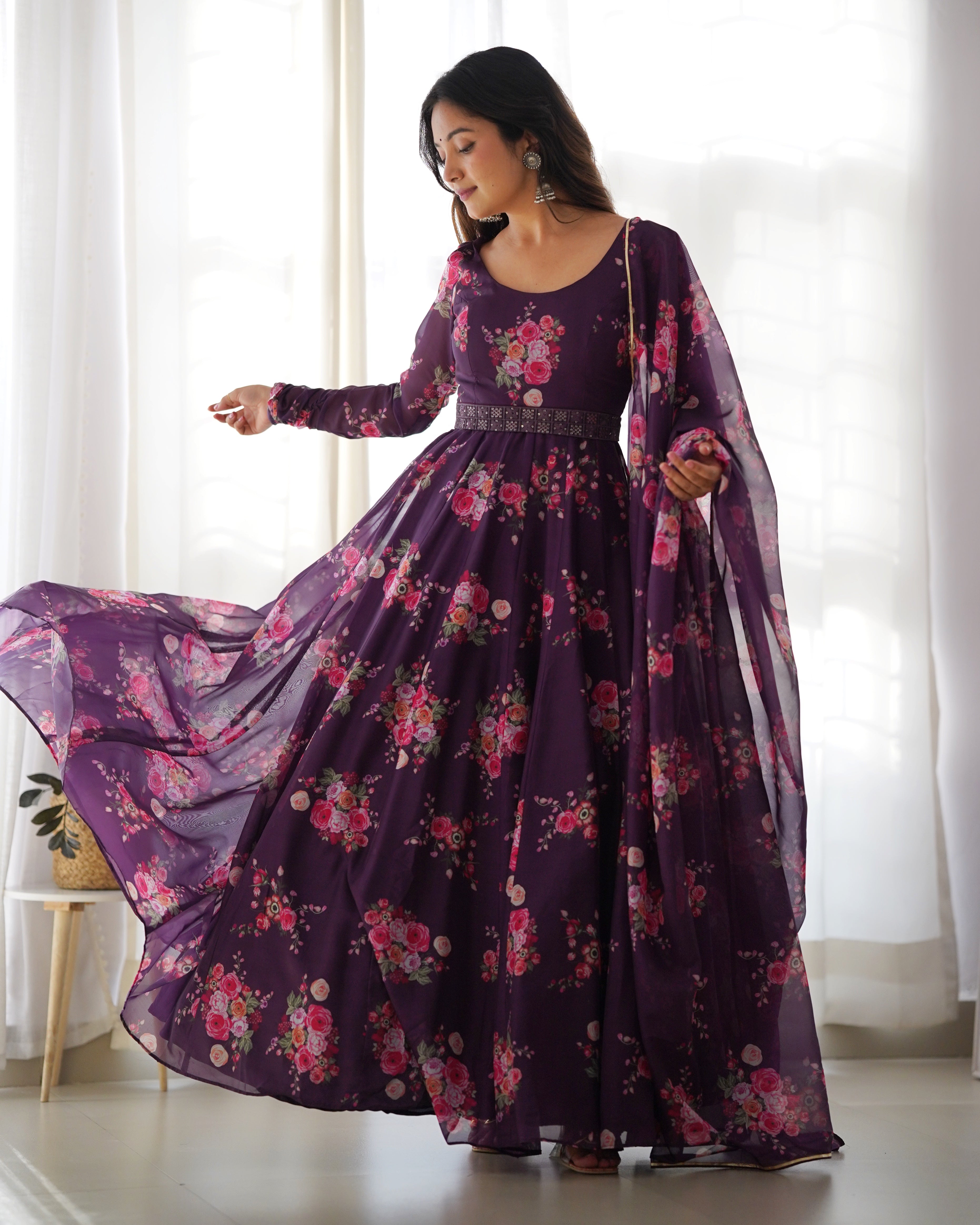 Wine Soft Organja Silk Kurta Set With Floral Print