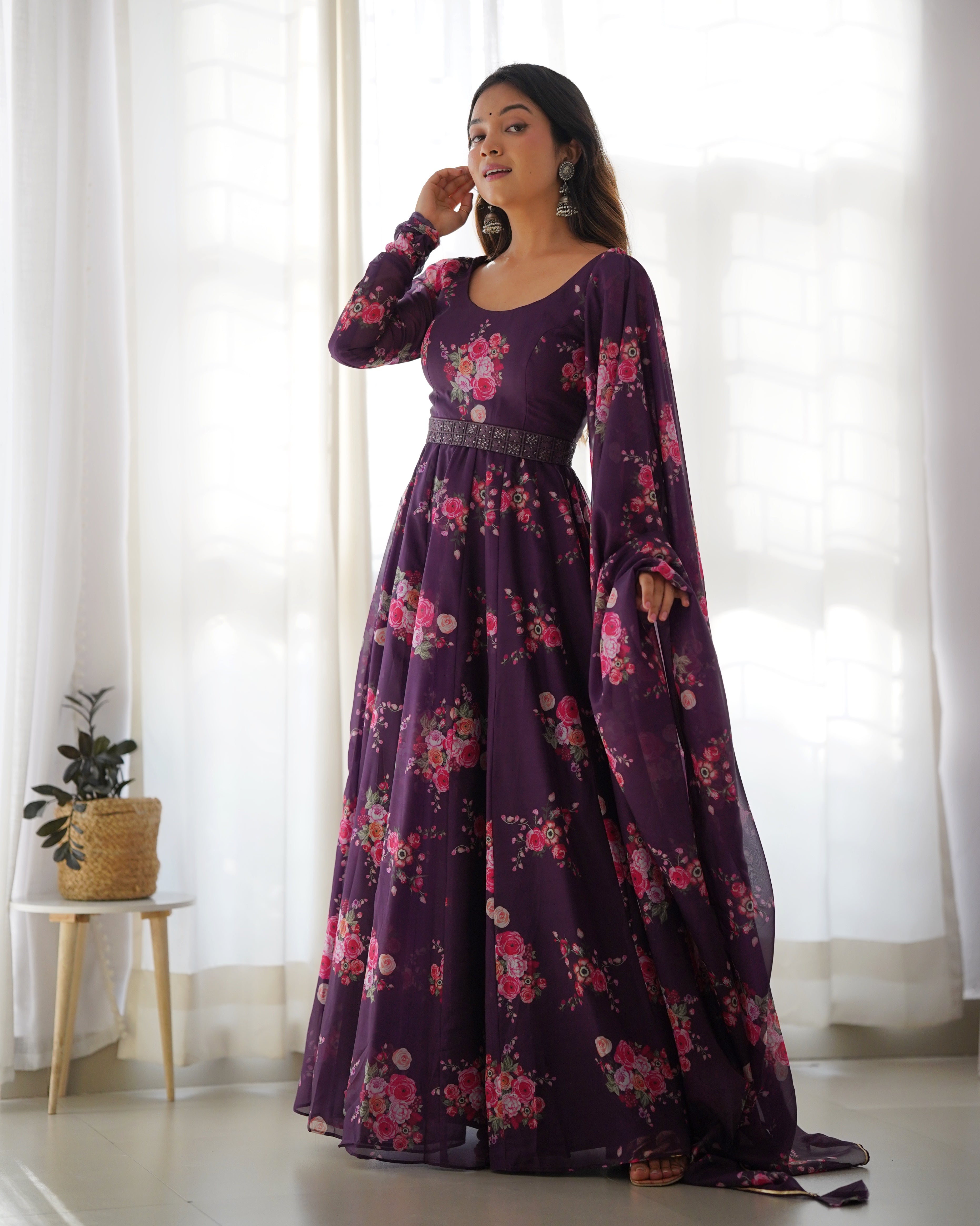 Wine Soft Organja Silk Kurta Set With Floral Print
