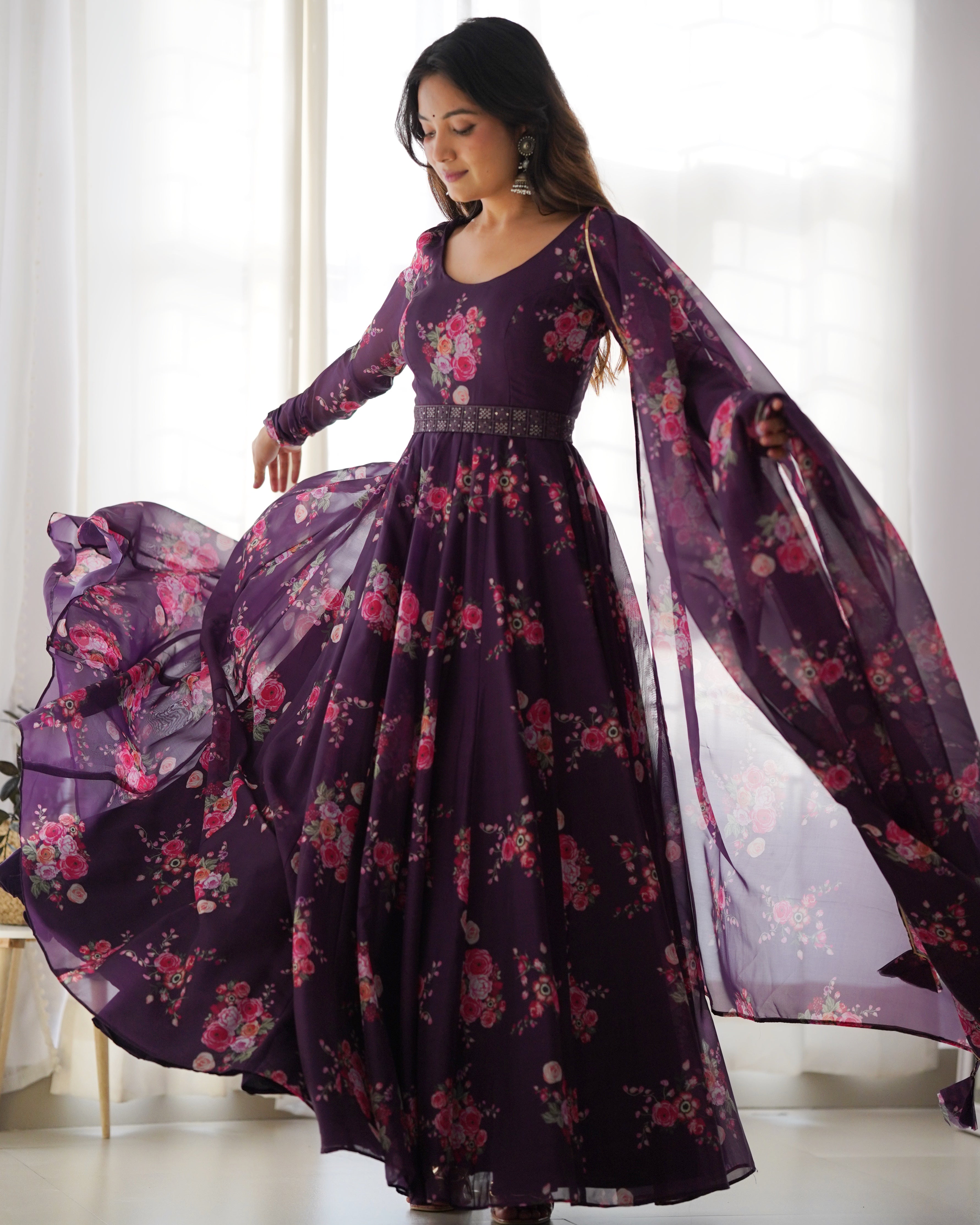 Wine Soft Organja Silk Kurta Set With Floral Print