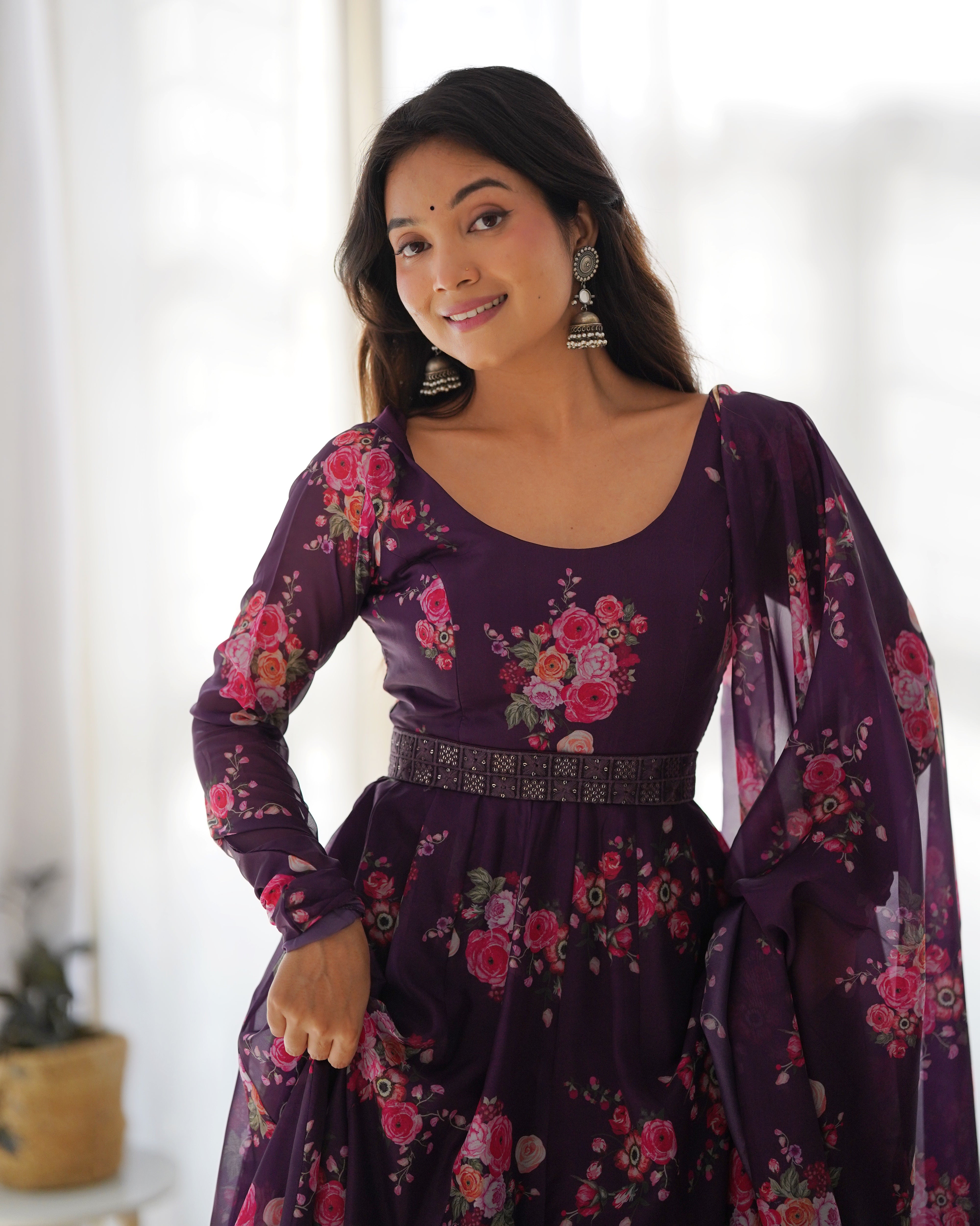 Wine Soft Organja Silk Kurta Set With Floral Print