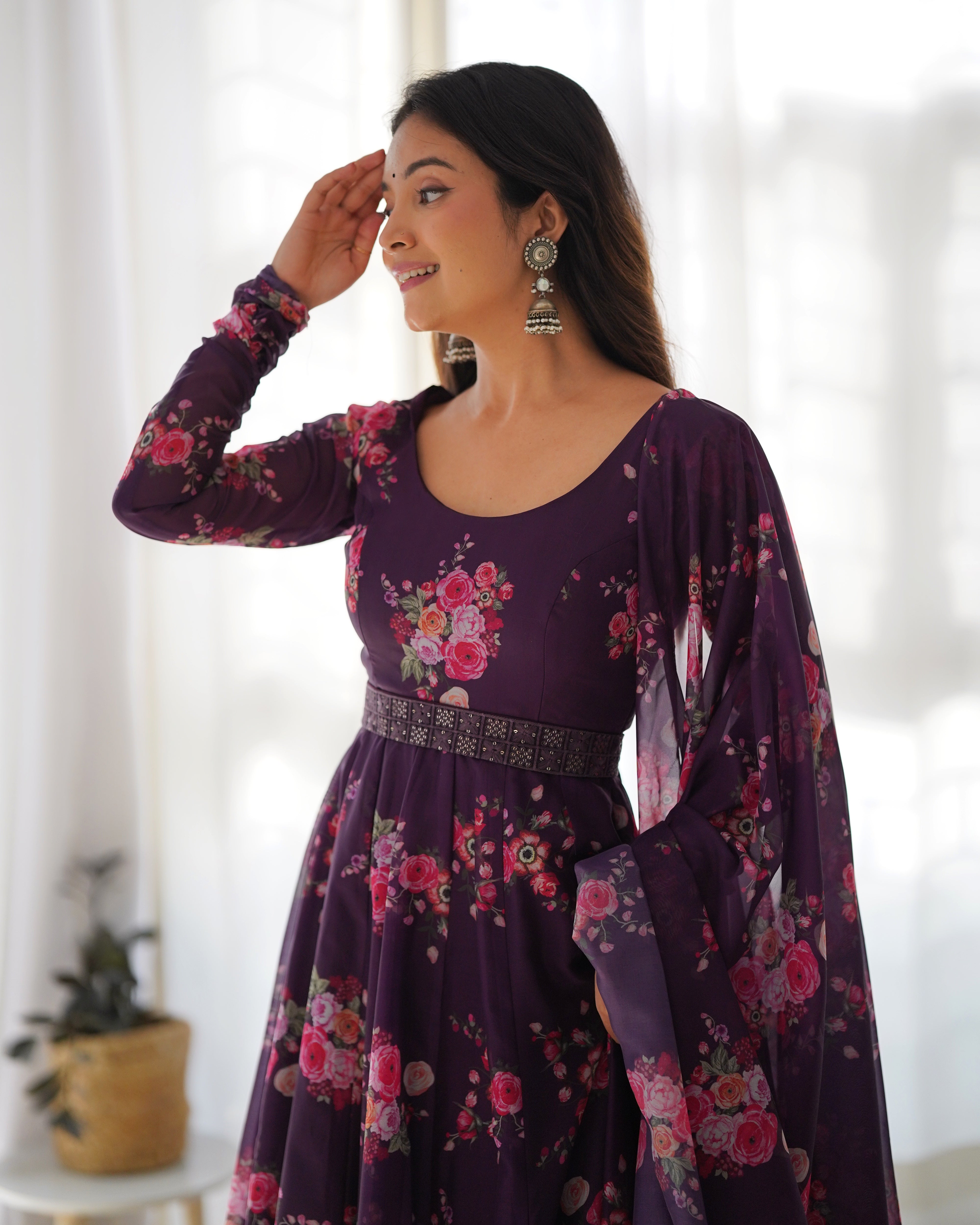 Wine Soft Organja Silk Kurta Set With Floral Print