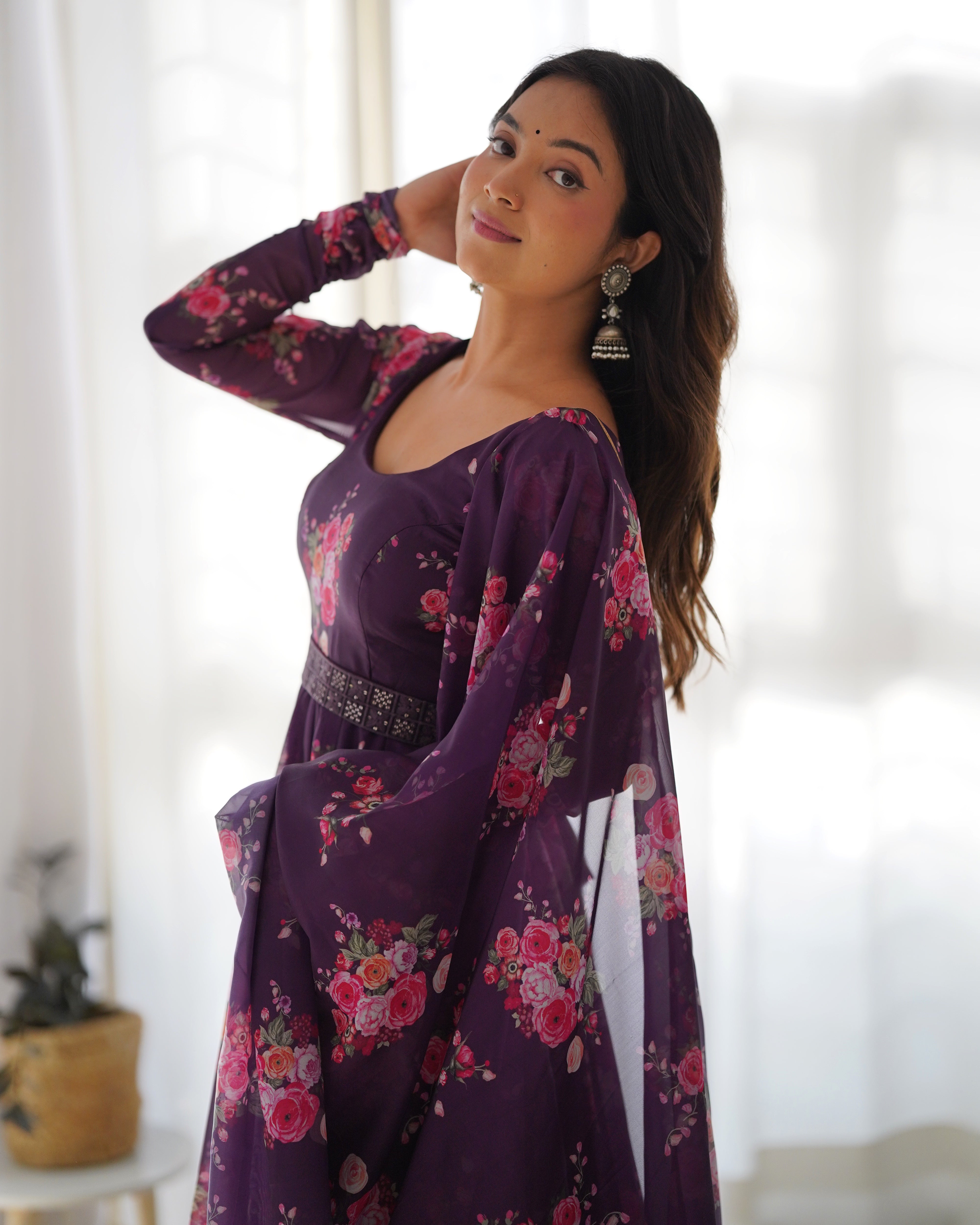 Wine Soft Organja Silk Kurta Set With Floral Print