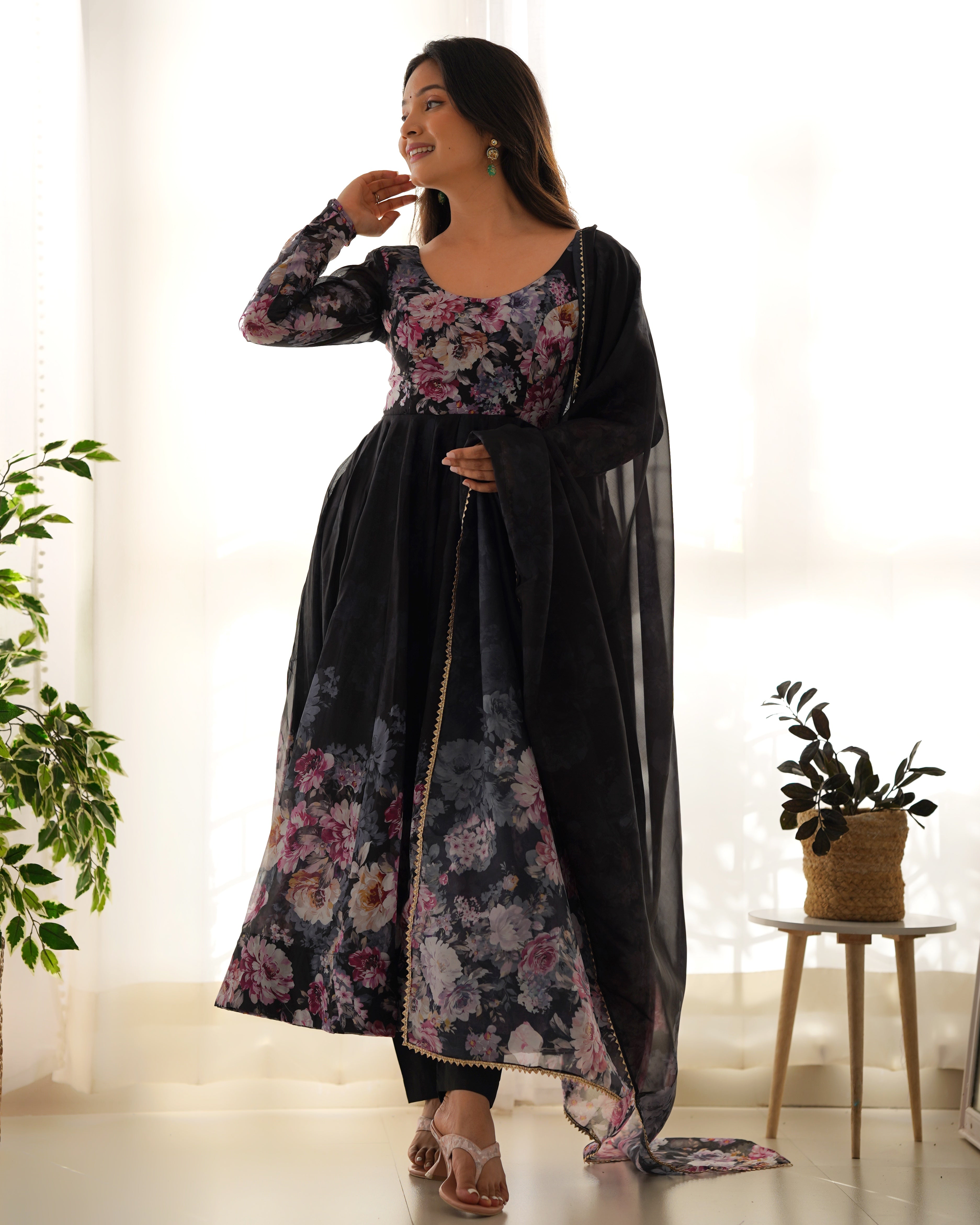 Black Soft Organja Silk Kurta Set With Print