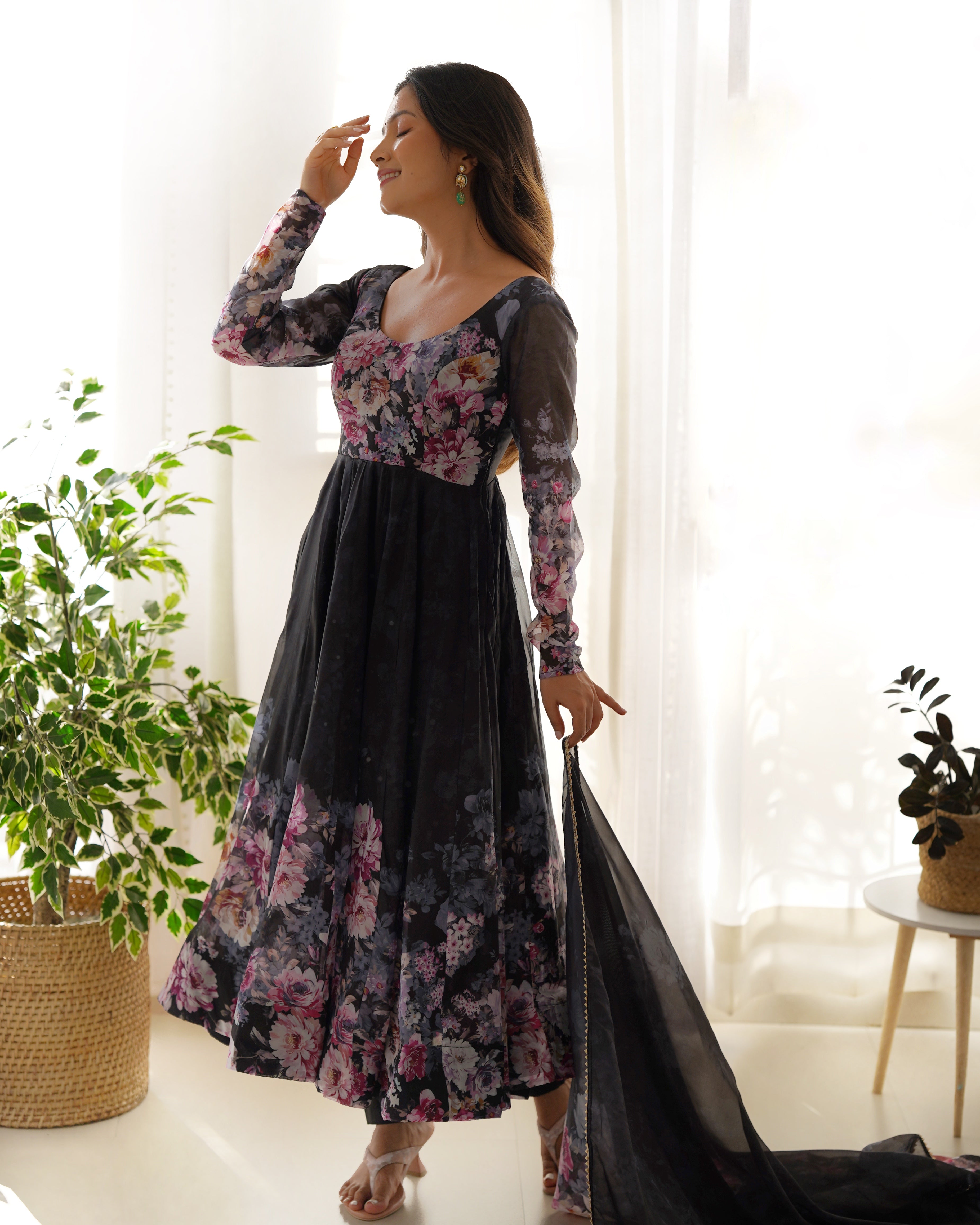 Black Soft Organja Silk Kurta Set With Print