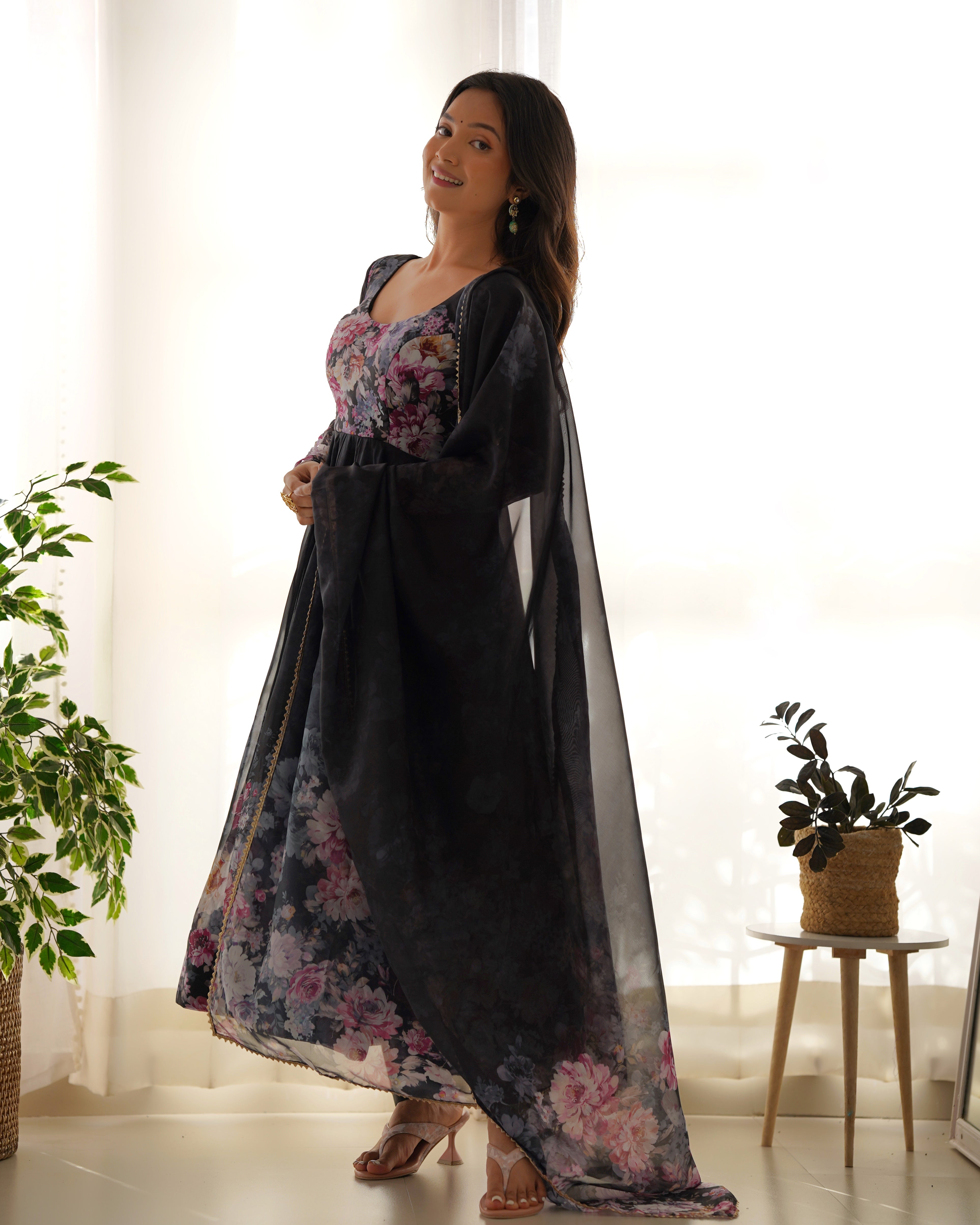 Black Soft Organja Silk Kurta Set With Print