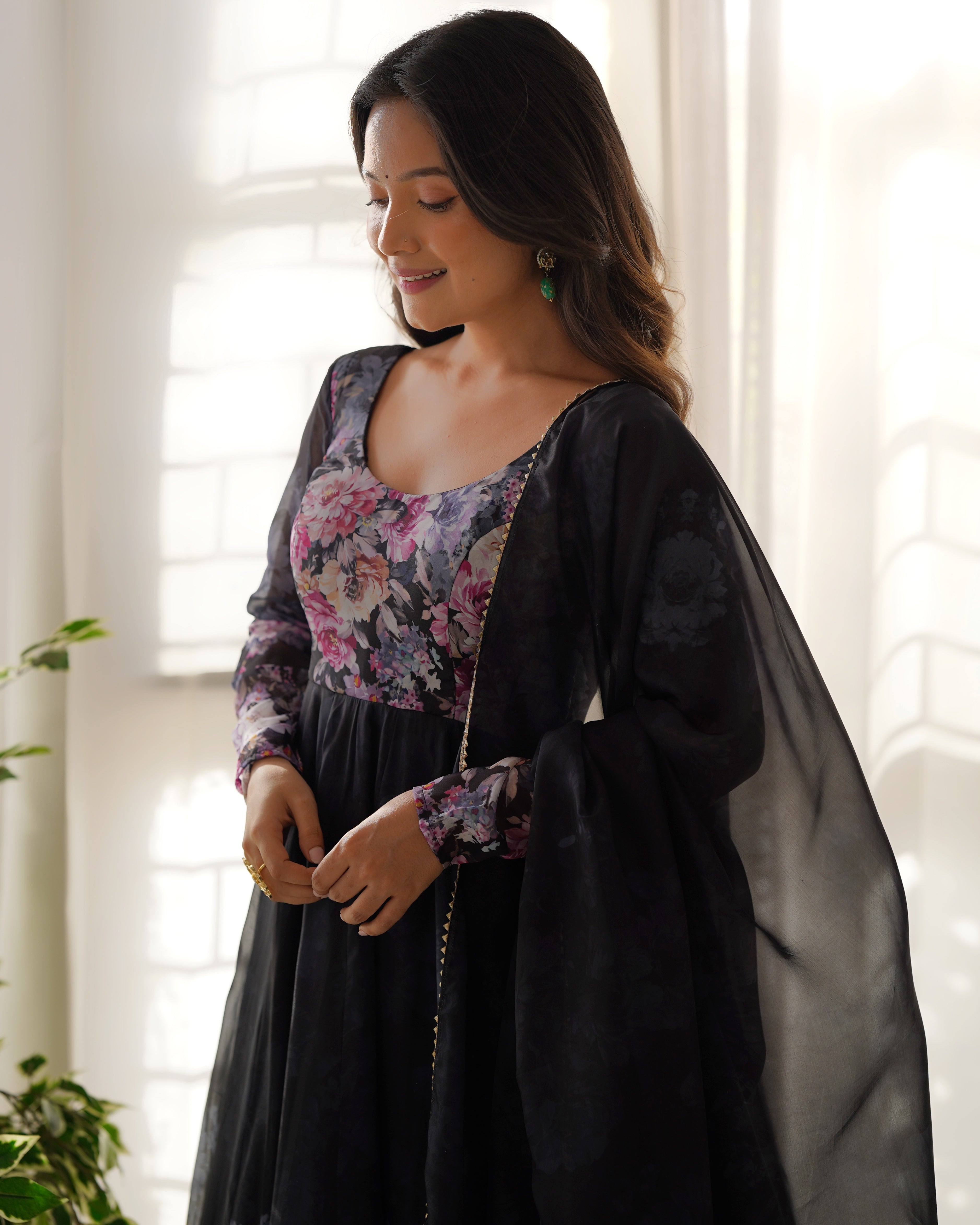 Black Soft Organja Silk Kurta Set With Print