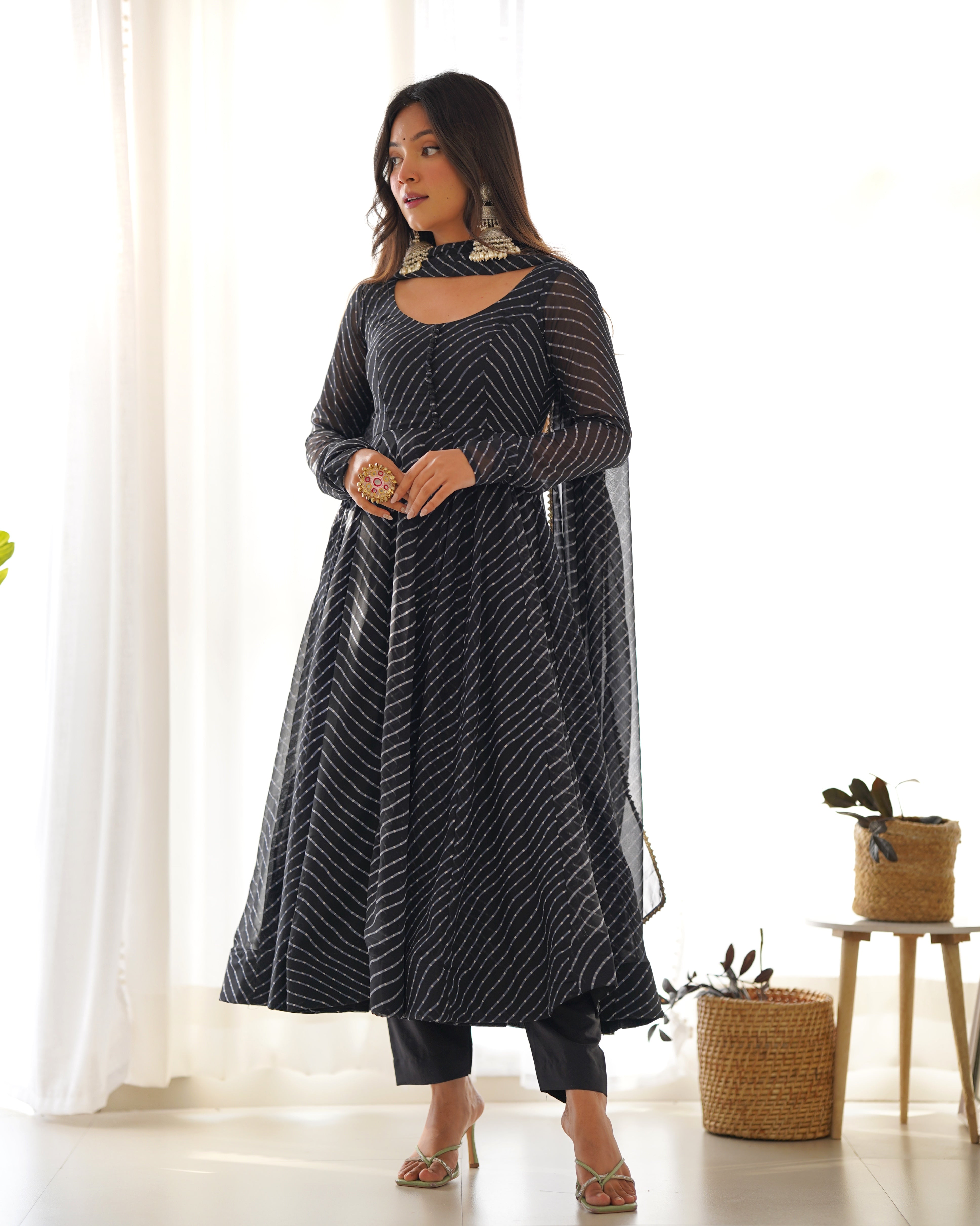 Black Pure Fox Georgette Kurta Set With Laheriya Print