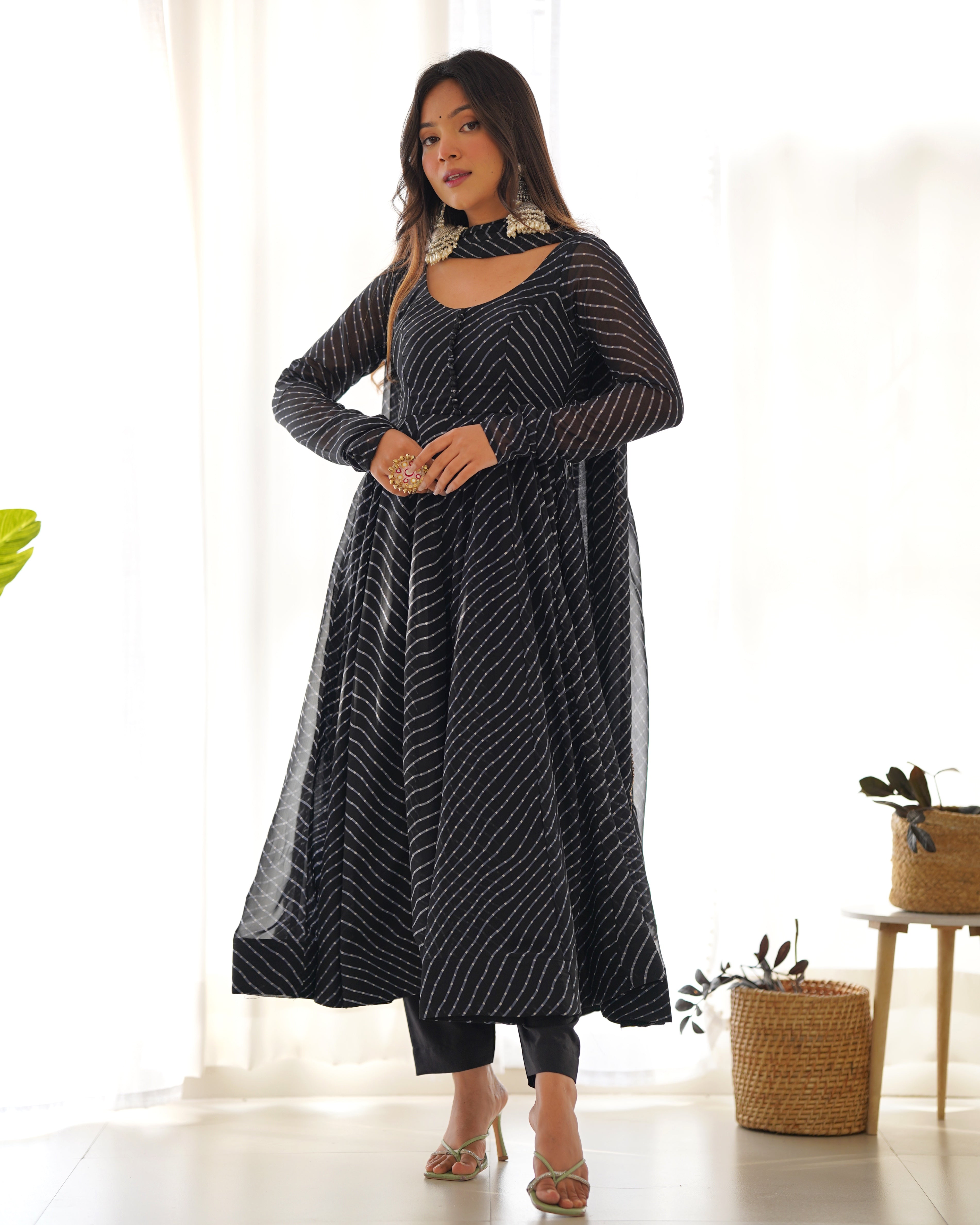 Black Pure Fox Georgette Kurta Set With Laheriya Print