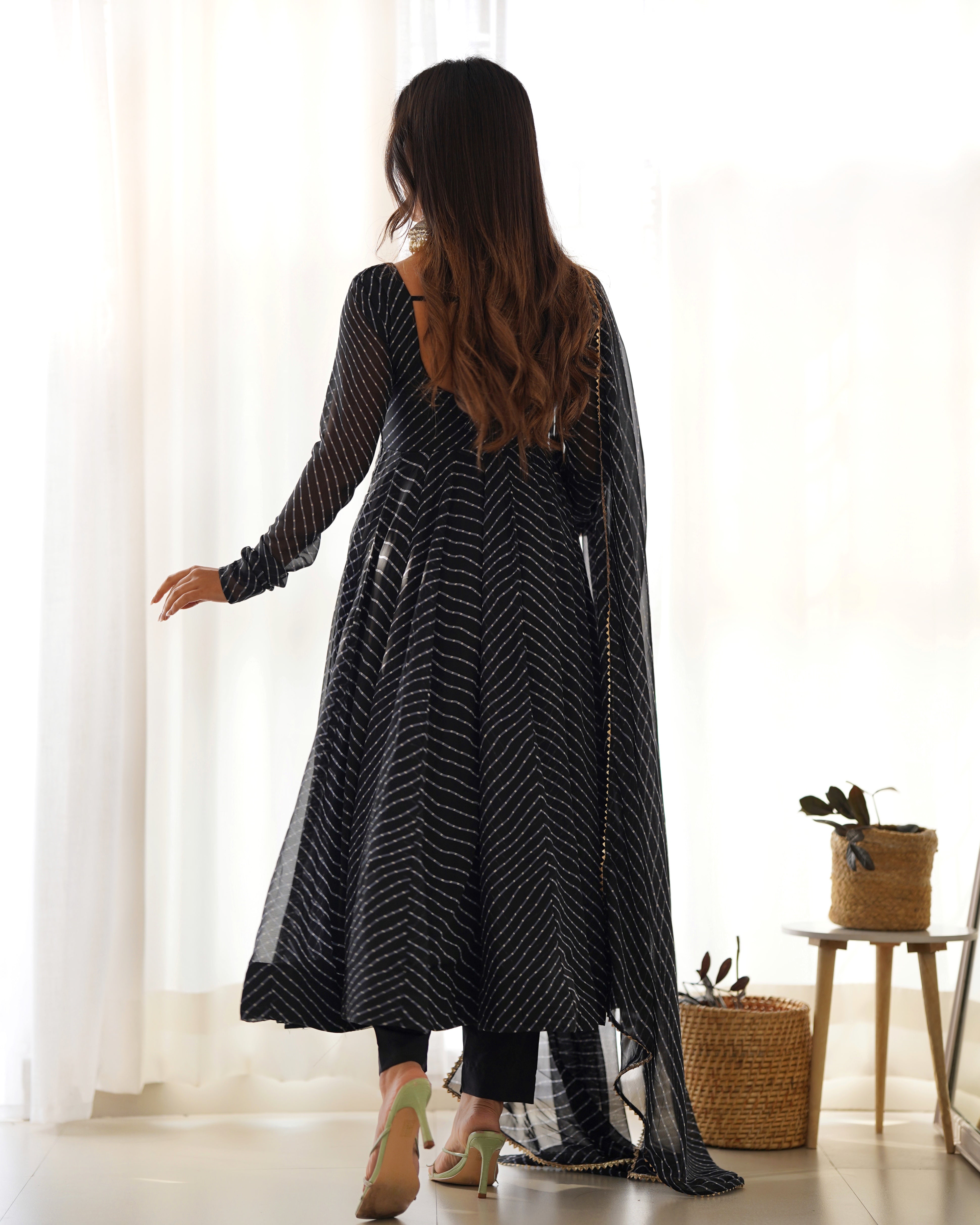Black Pure Fox Georgette Kurta Set With Laheriya Print