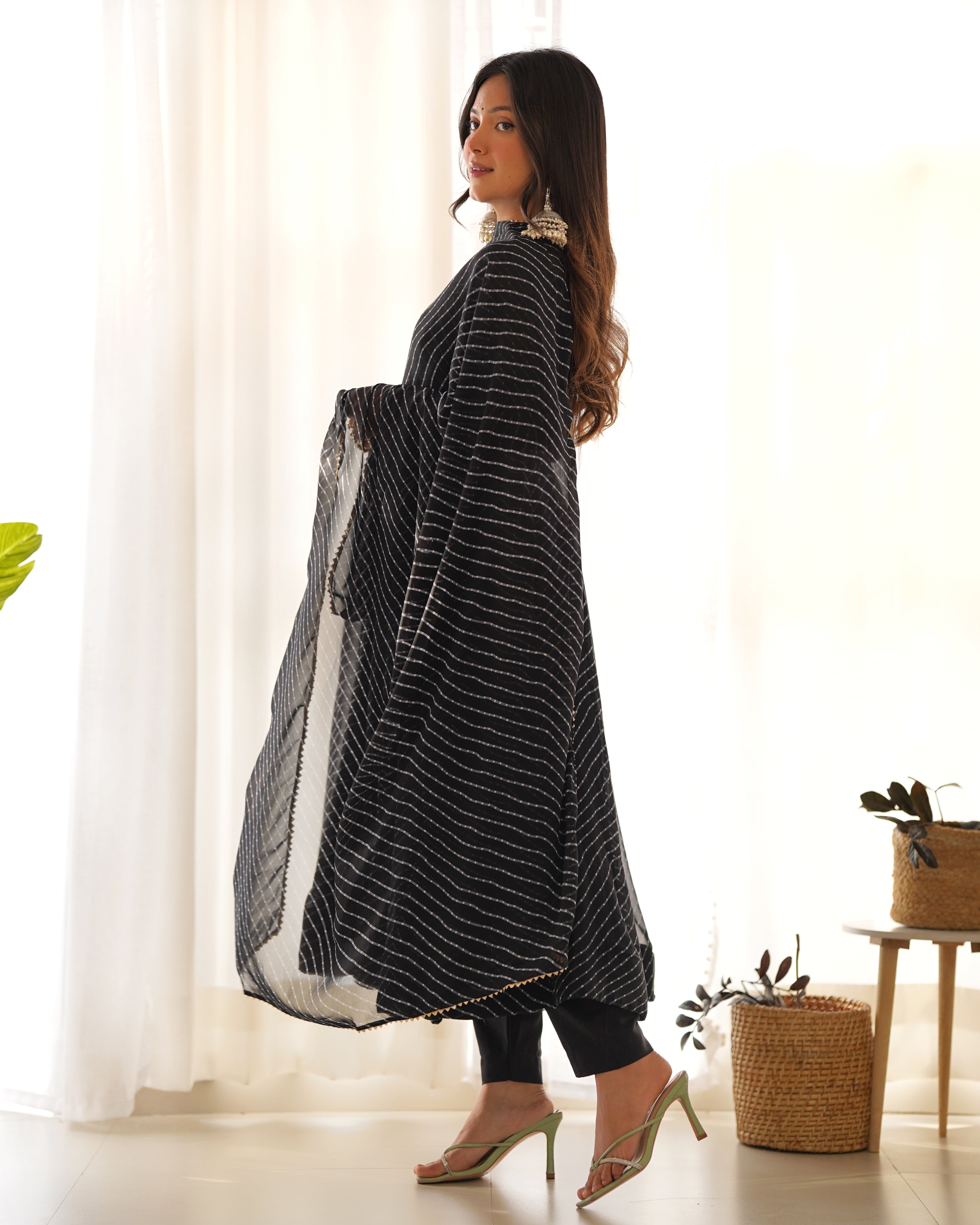 Black Pure Fox Georgette Kurta Set With Laheriya Print
