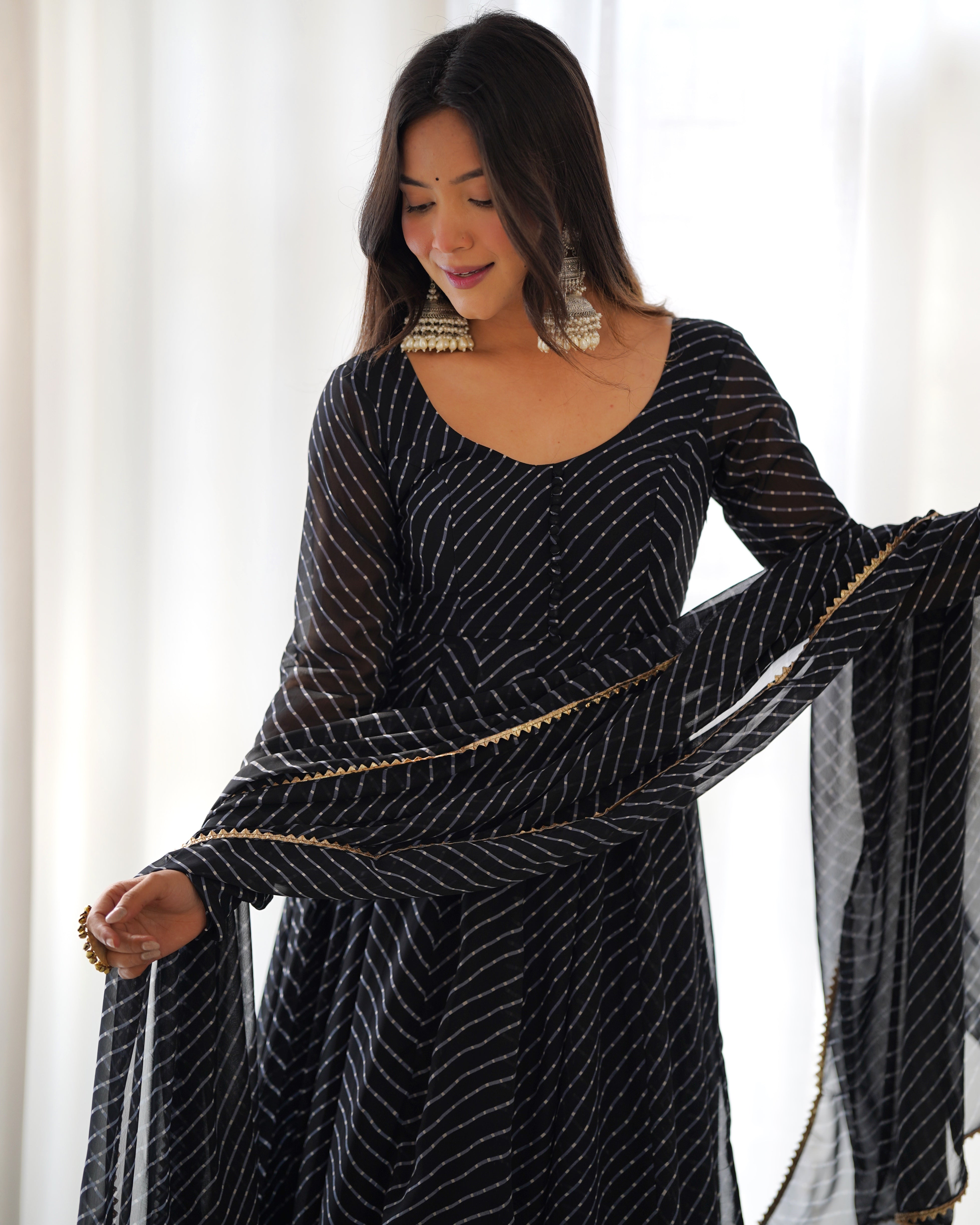Black Pure Fox Georgette Kurta Set With Laheriya Print