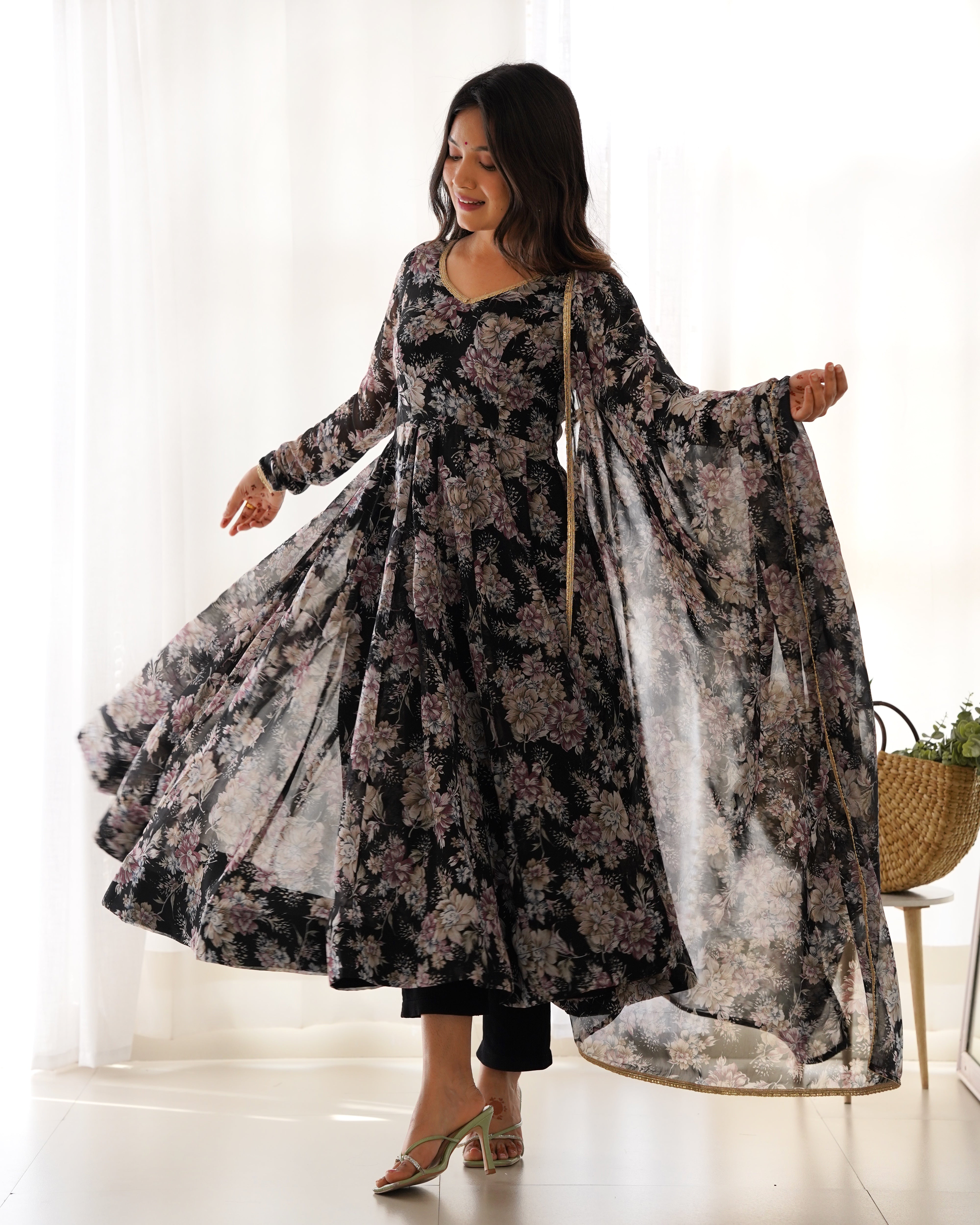 Black Pure Fox Georgette Kurta Set With Multi Floral Print