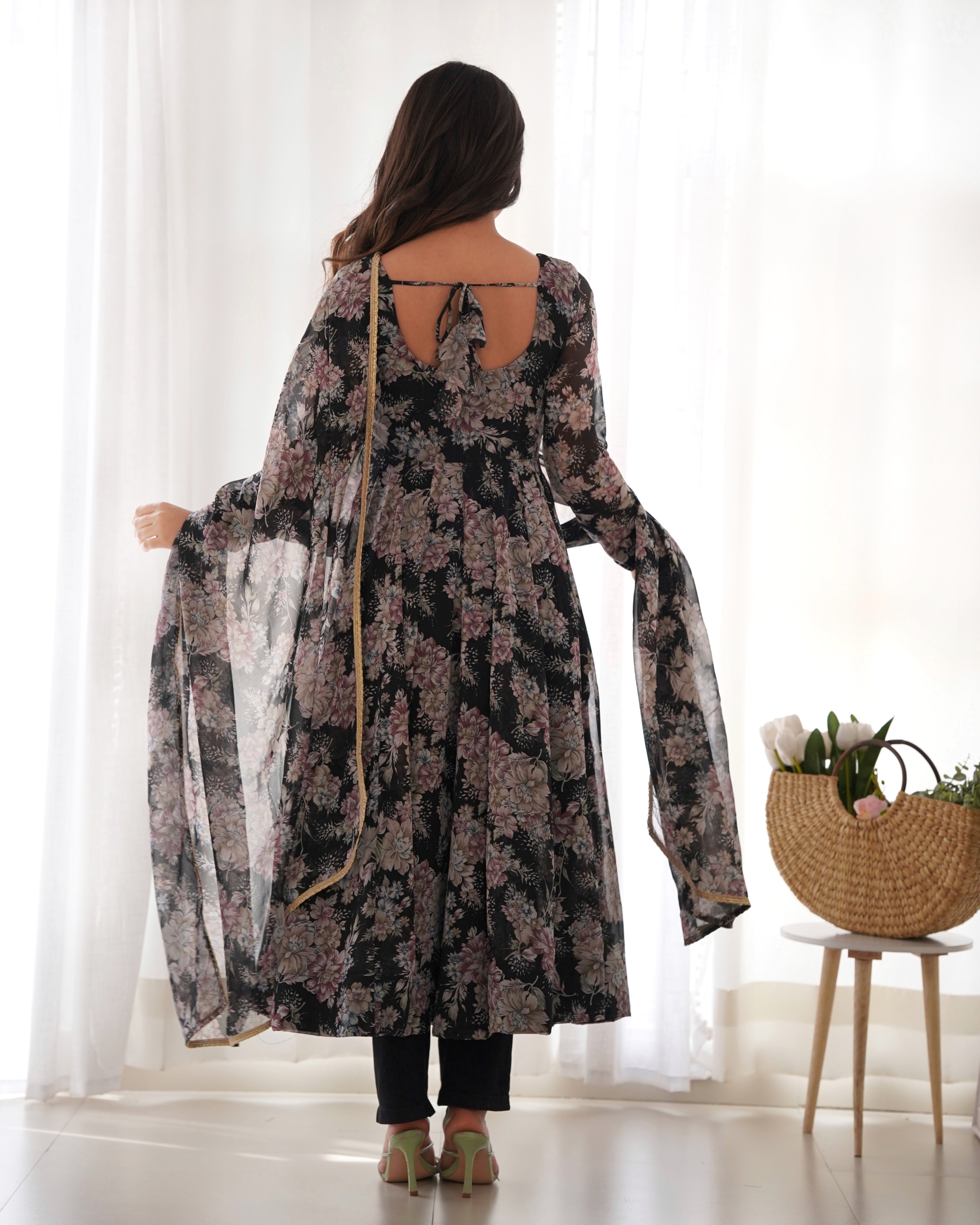 Black Pure Fox Georgette Kurta Set With Multi Floral Print