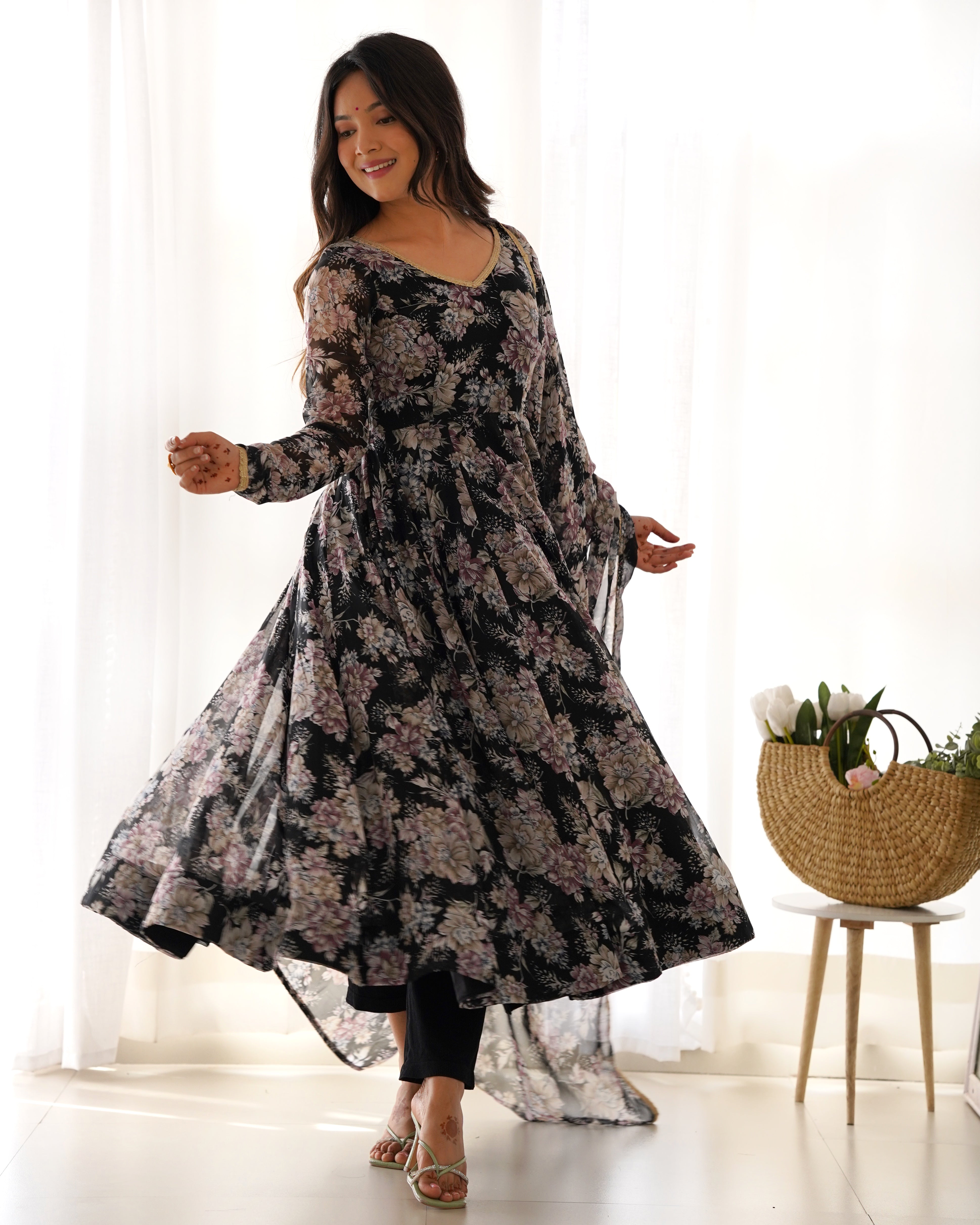 Black Pure Fox Georgette Kurta Set With Multi Floral Print