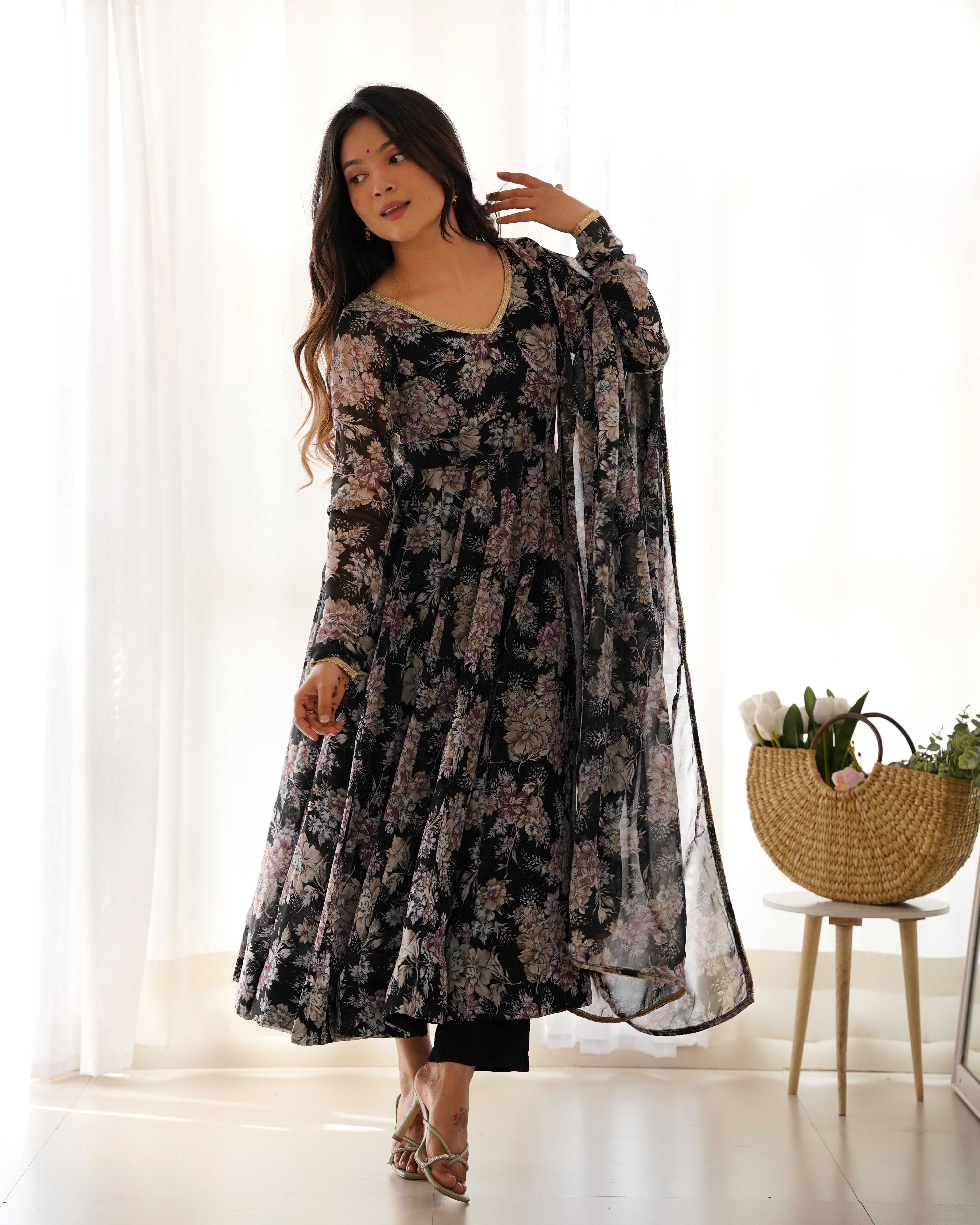 Black Pure Fox Georgette Kurta Set With Multi Floral Print