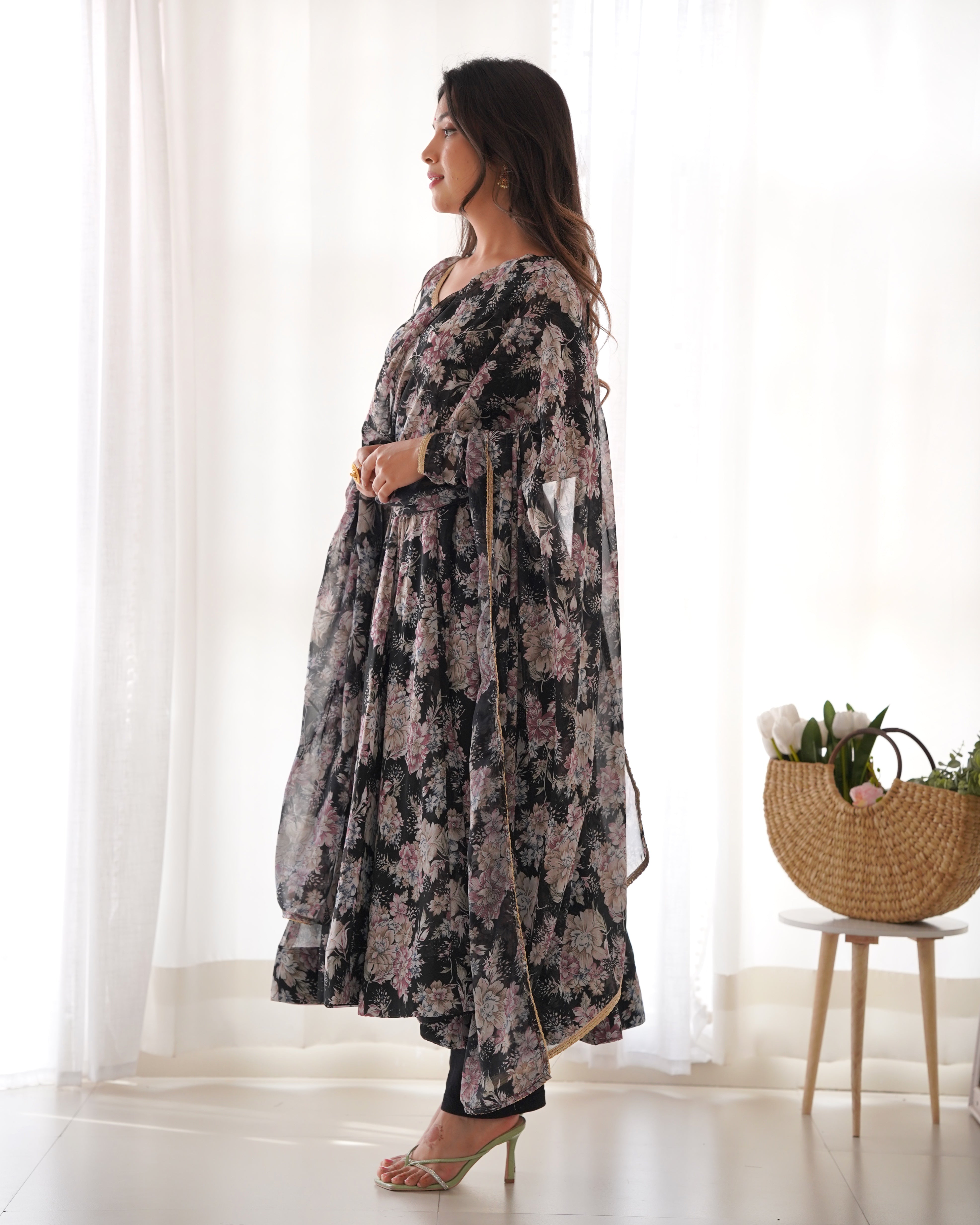 Black Pure Fox Georgette Kurta Set With Multi Floral Print
