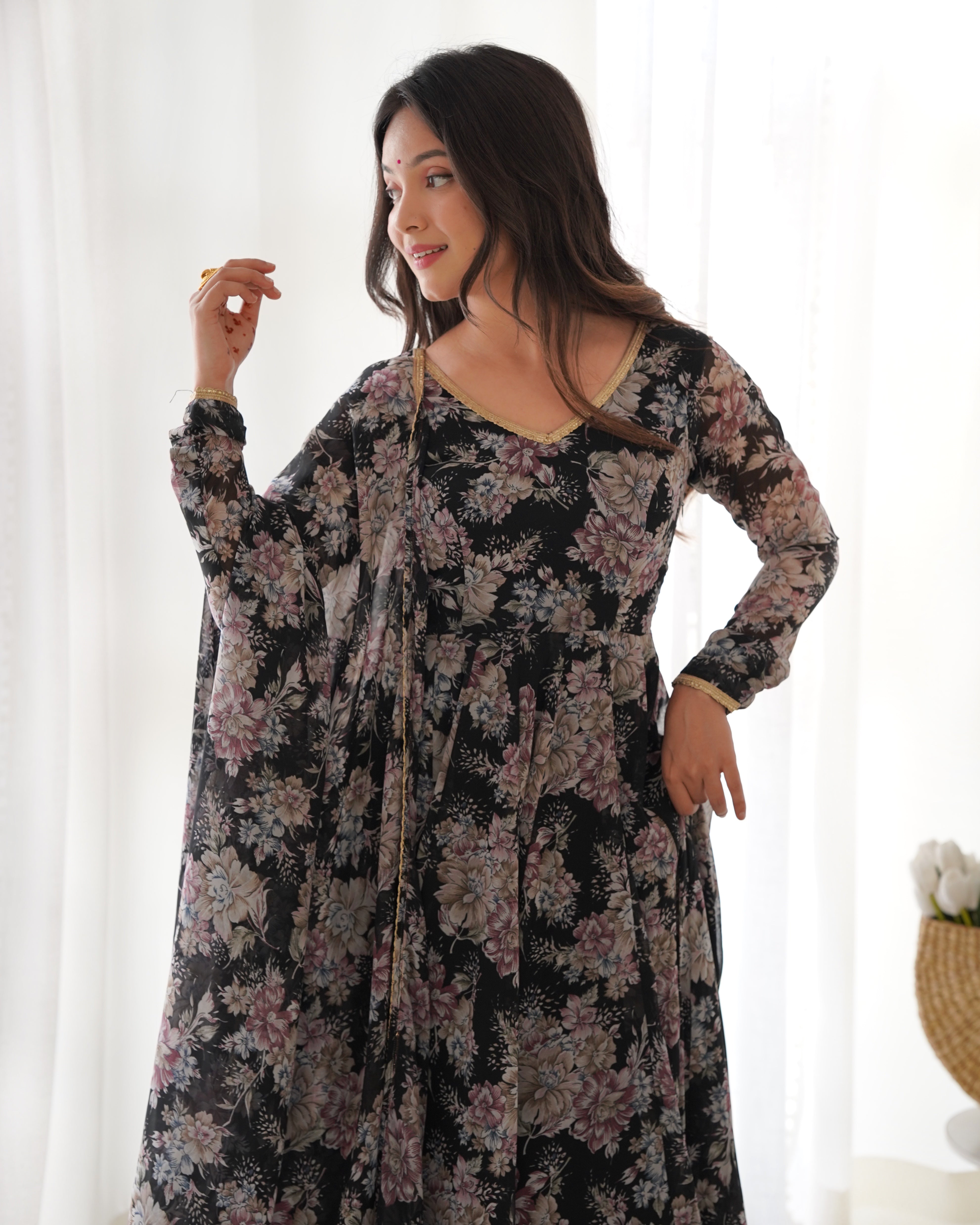 Black Pure Fox Georgette Kurta Set With Multi Floral Print