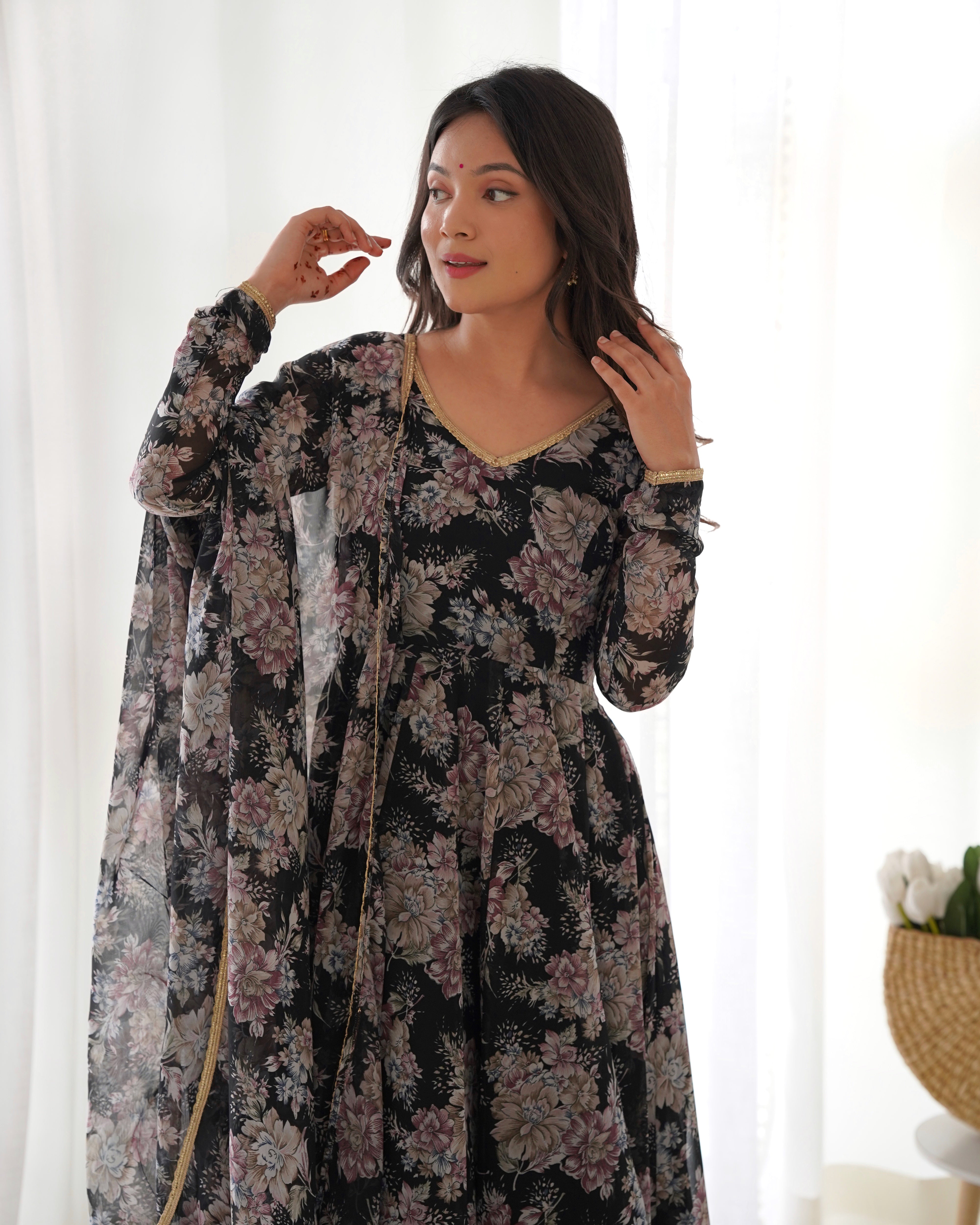 Black Pure Fox Georgette Kurta Set With Multi Floral Print