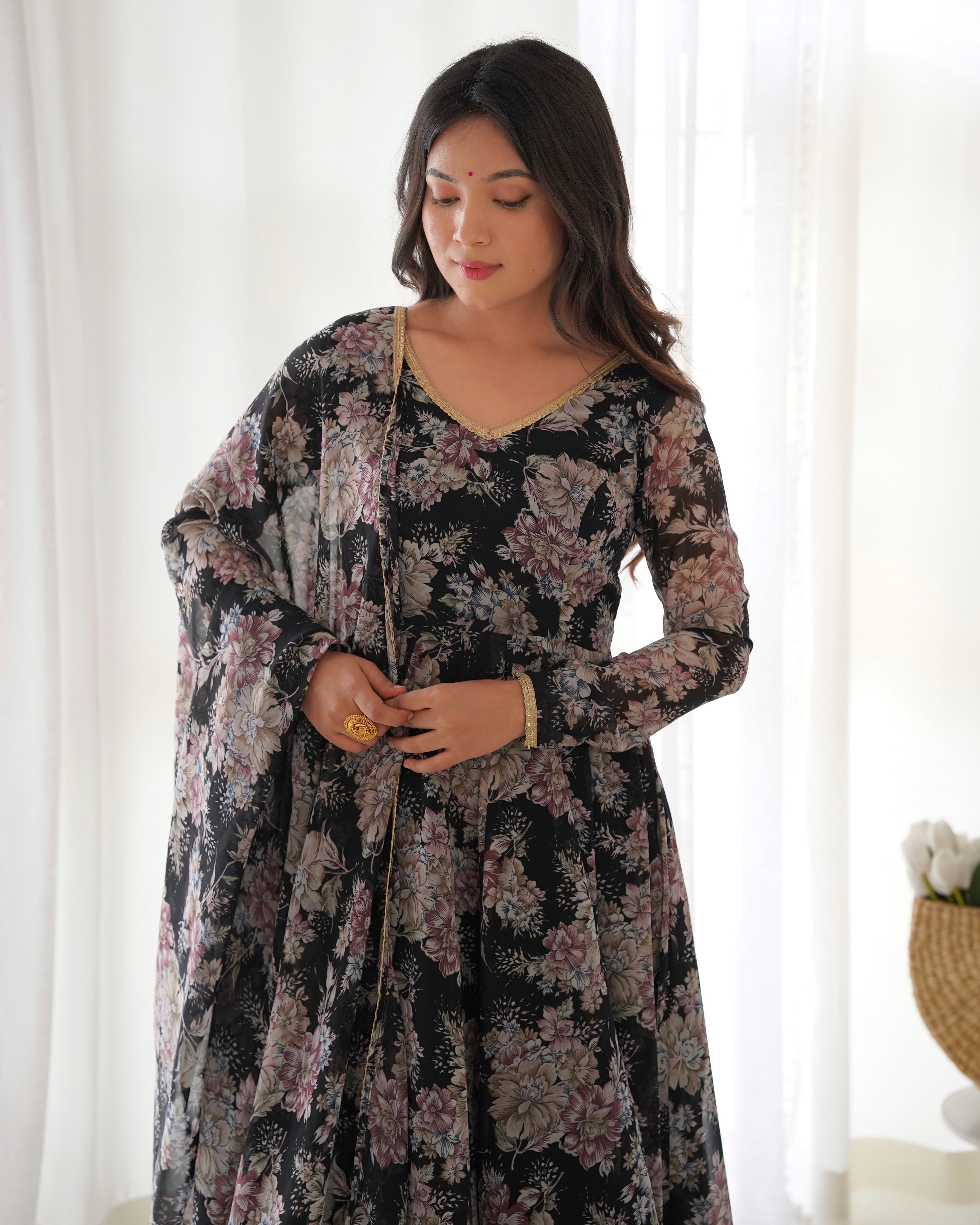Black Pure Fox Georgette Kurta Set With Multi Floral Print