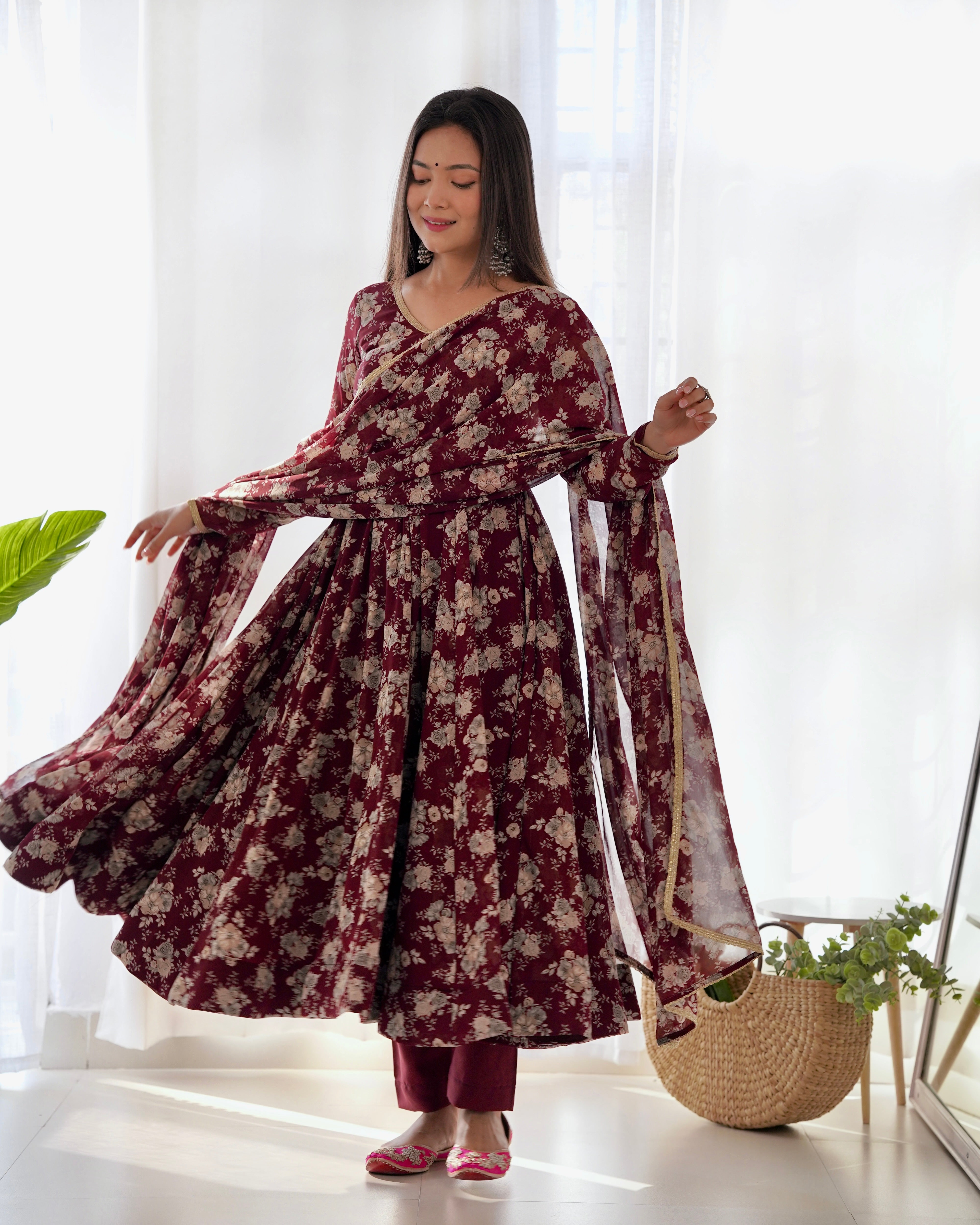Dark Maroon Georgette Floral Print Kurta