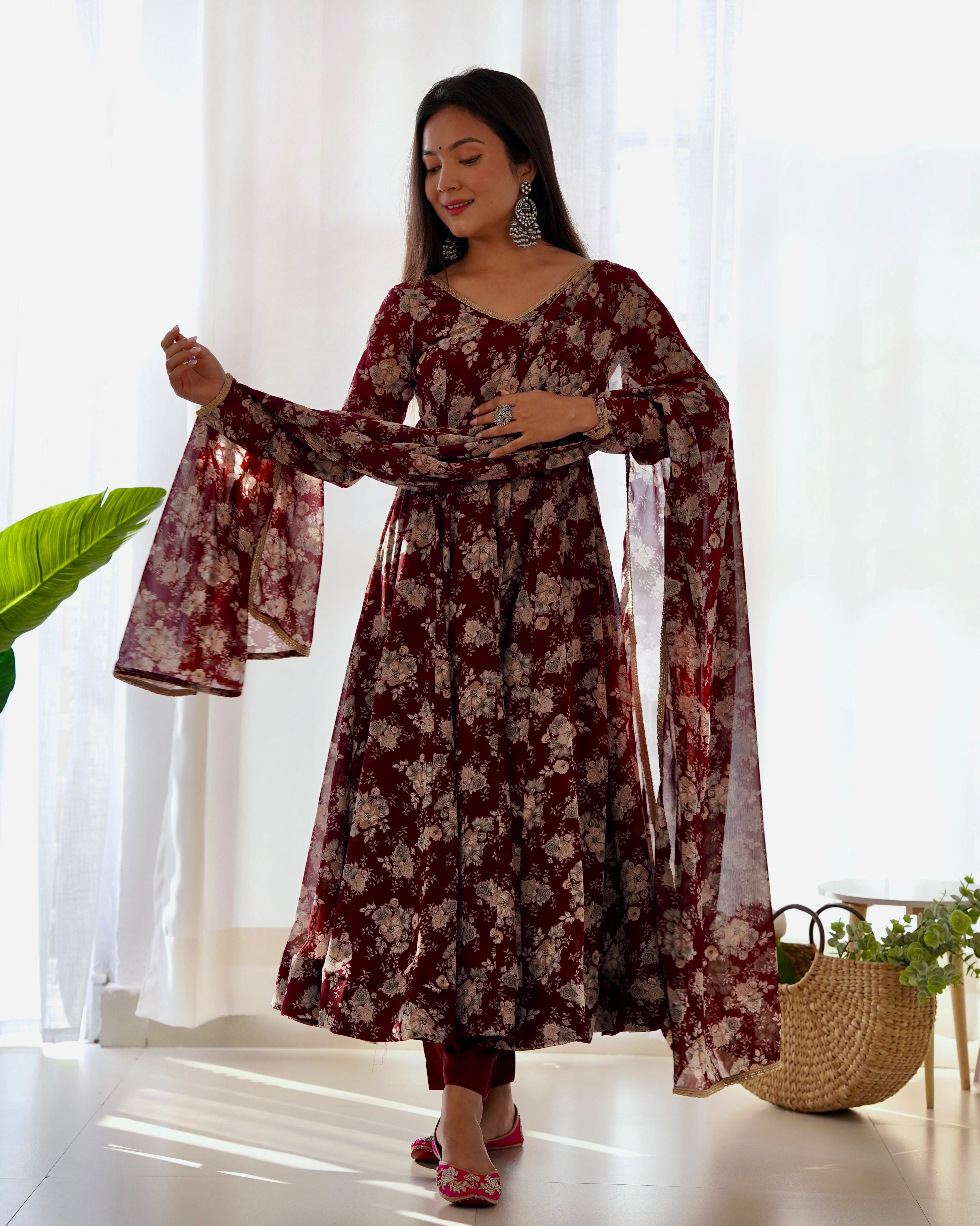 Dark Maroon Georgette Floral Print Kurta