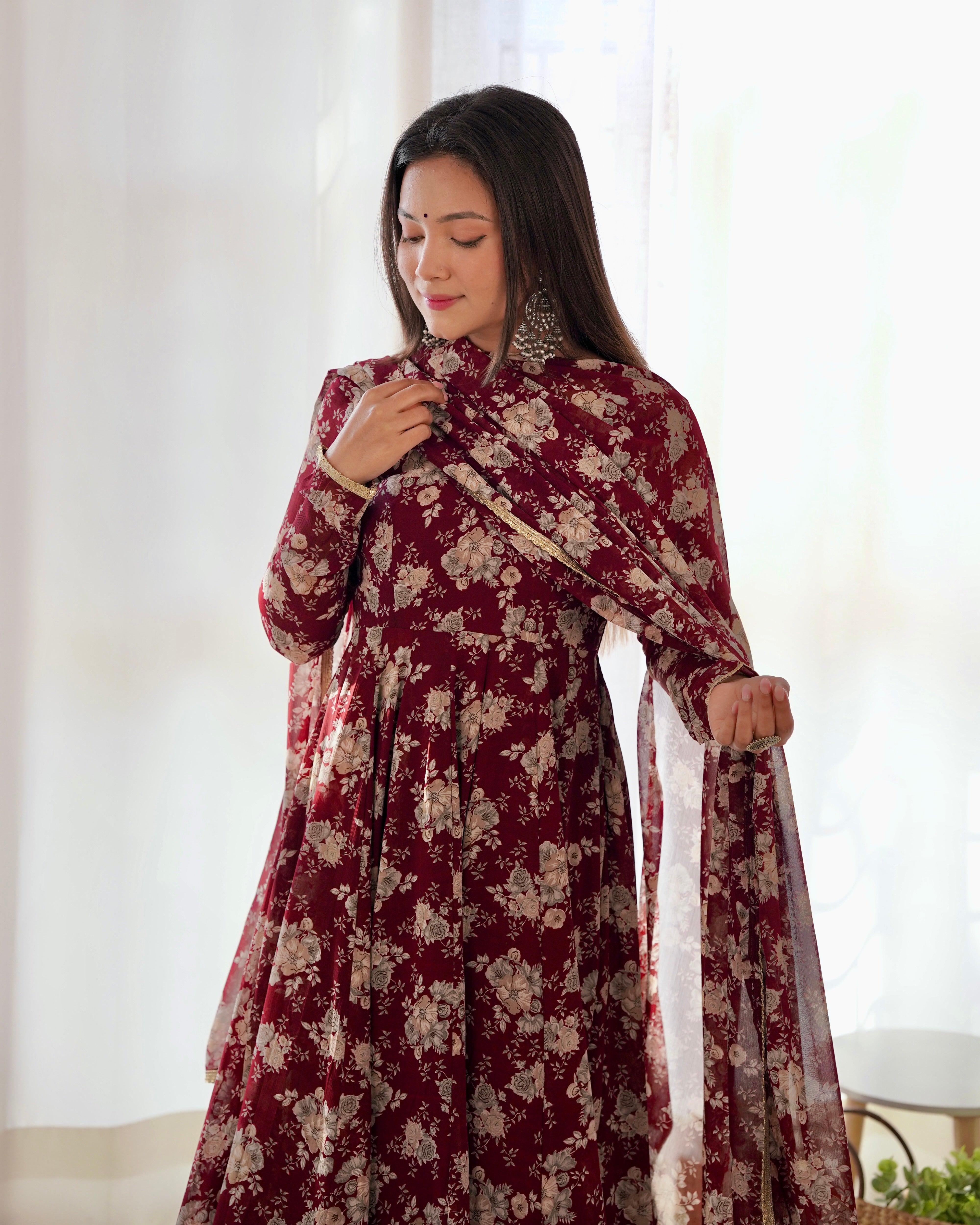 Dark Maroon Georgette Floral Print Kurta