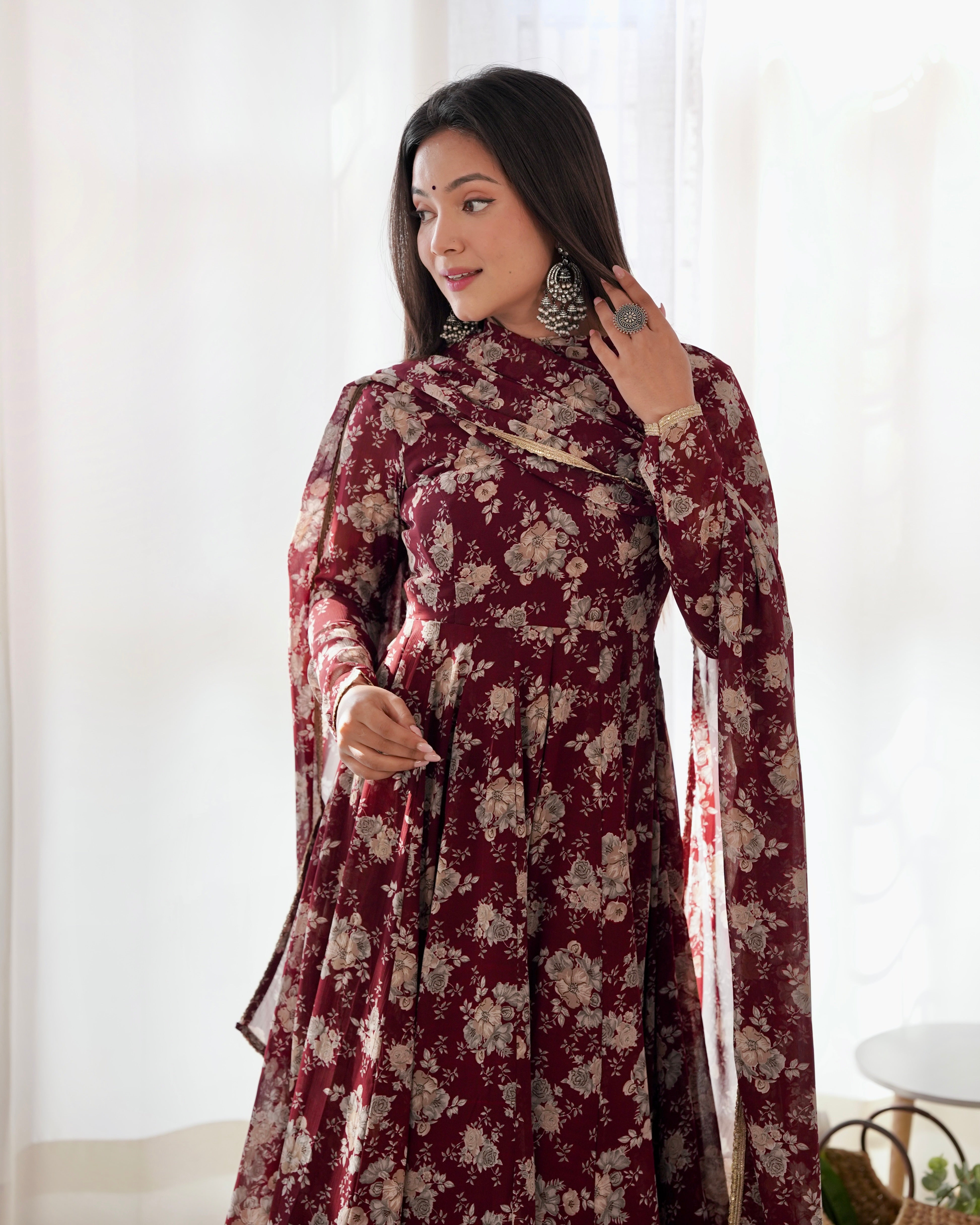Dark Maroon Georgette Floral Print Kurta