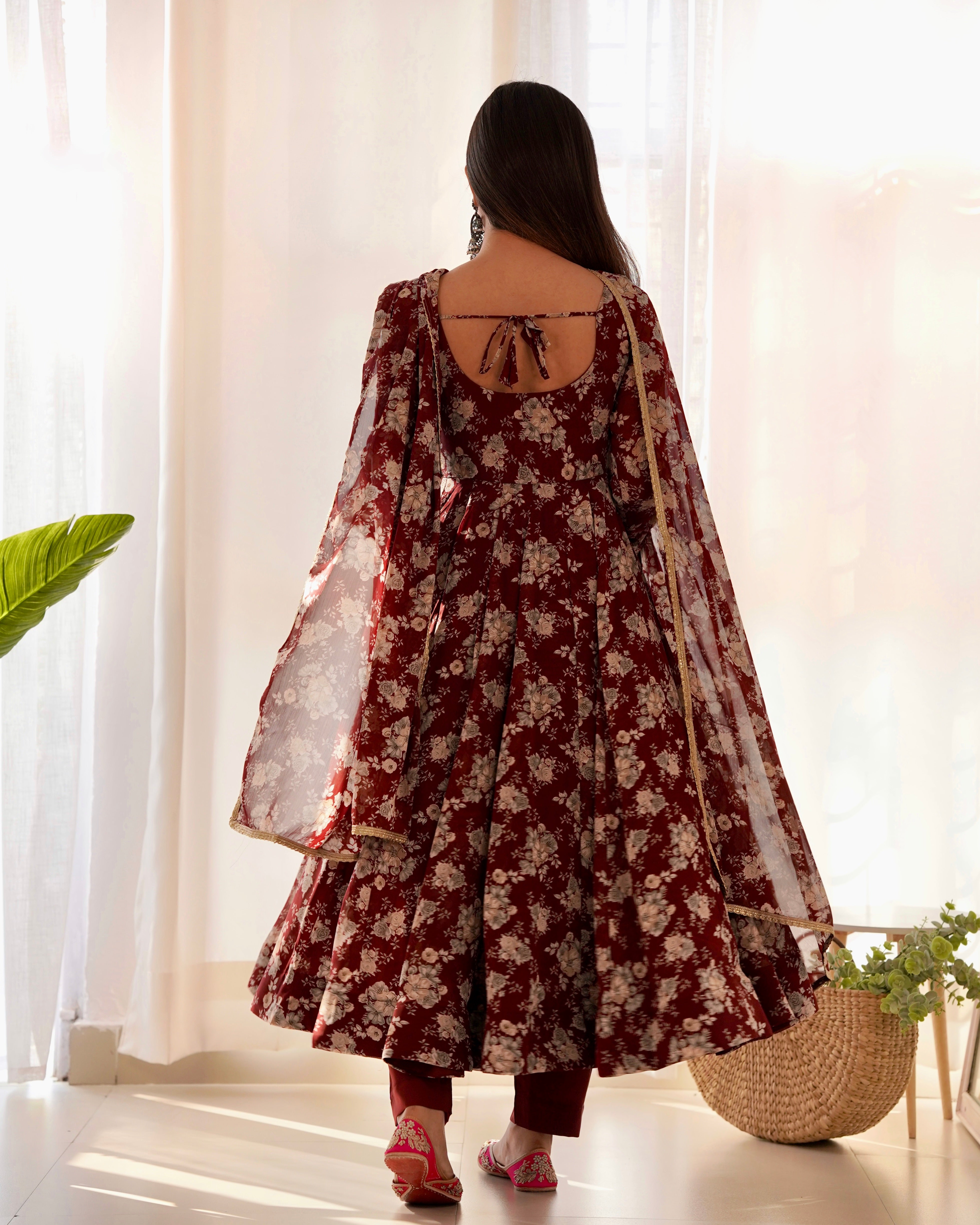 Dark Maroon Georgette Floral Print Kurta